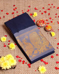 Elegant Sungudi Cotton Saree with Elegant Peacock Zari Border and Plain Body Design - Navy Blue 