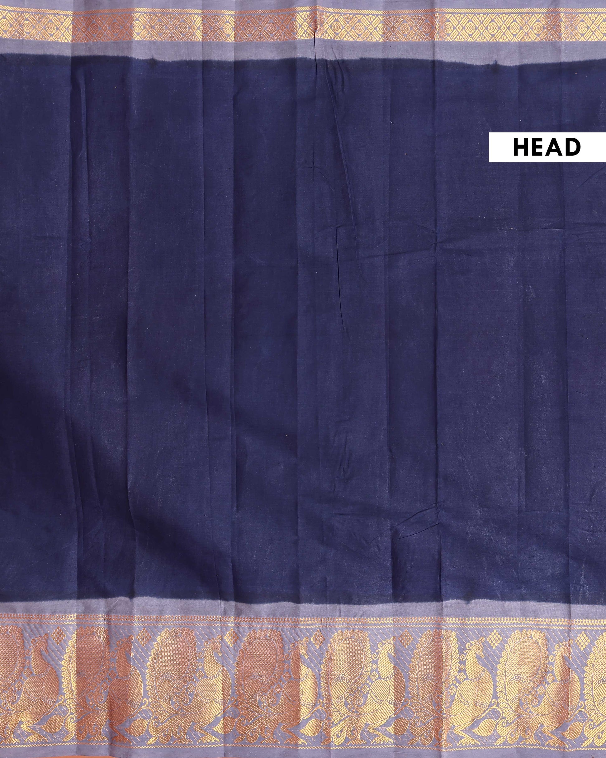 Elegant Sungudi Cotton Saree with Elegant Peacock Zari Border and Plain Body Design - Navy Blue 