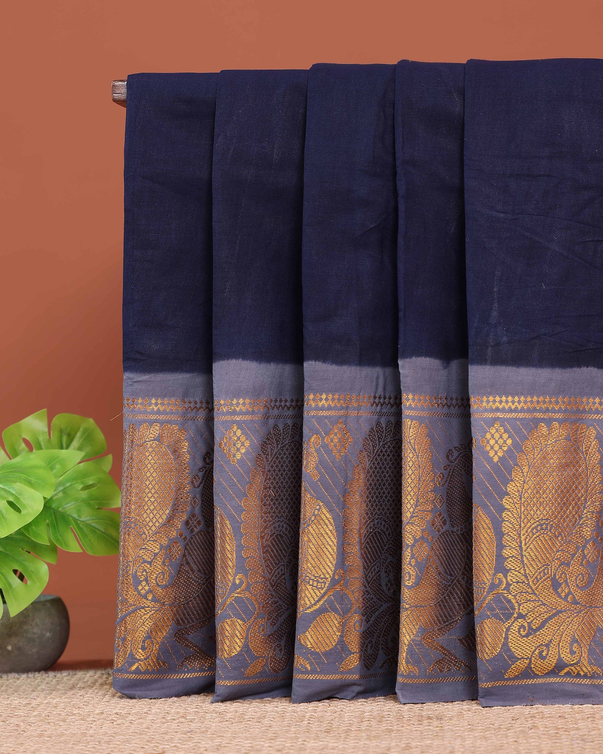 Elegant Sungudi Cotton Saree with Elegant Peacock Zari Border and Plain Body Design - Navy Blue 