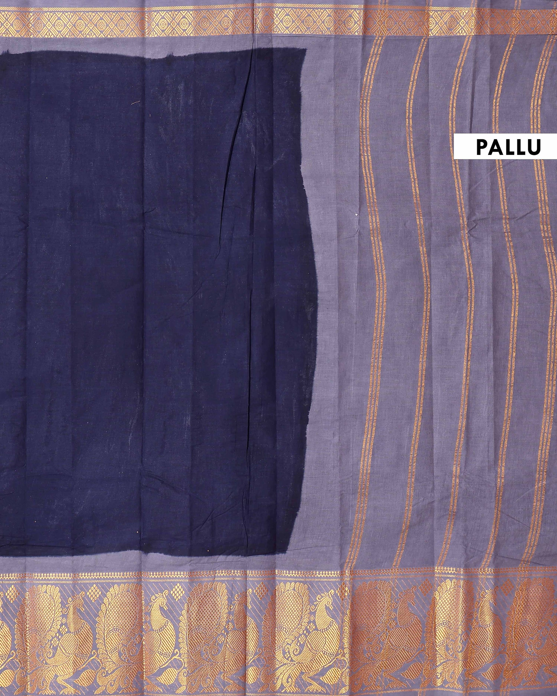 Elegant Sungudi Cotton Saree with Elegant Peacock Zari Border and Plain Body Design - Navy Blue 