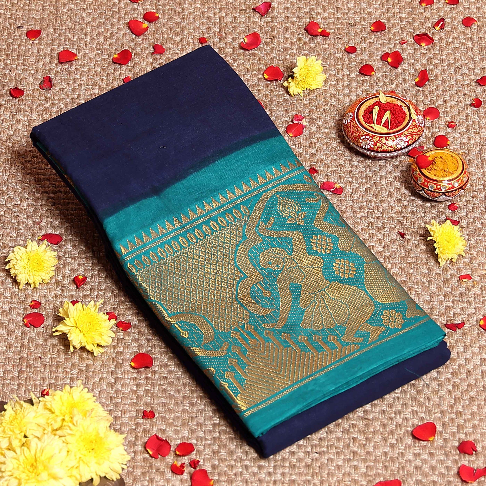 Elegant Sungudi Cotton Saree with Elegant Zari Border and Plain Body Design - Navy Blue