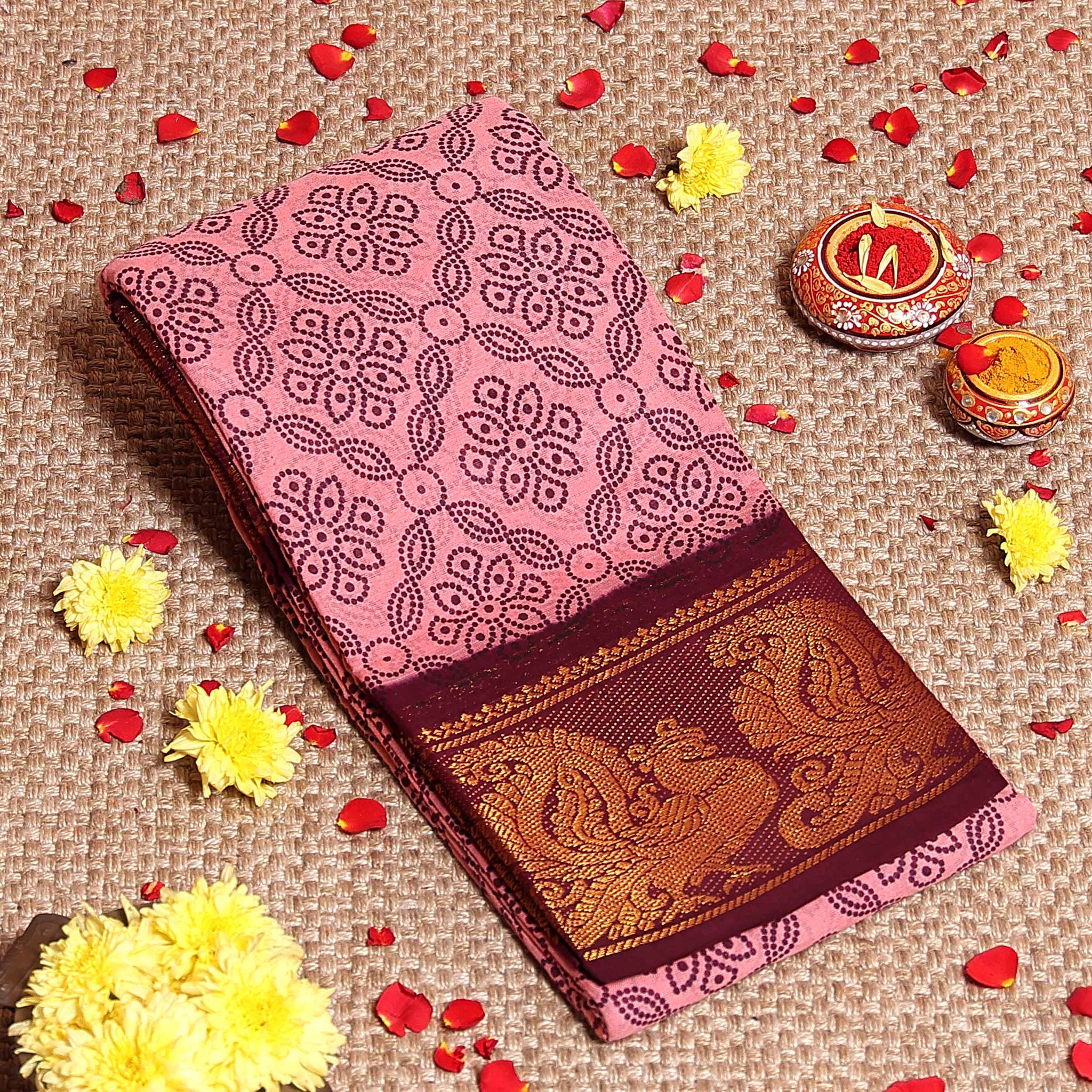 Elegant Sungudi Cotton Saree with Floral Dot Pattern and Grand Zari Peacock Border - Pink