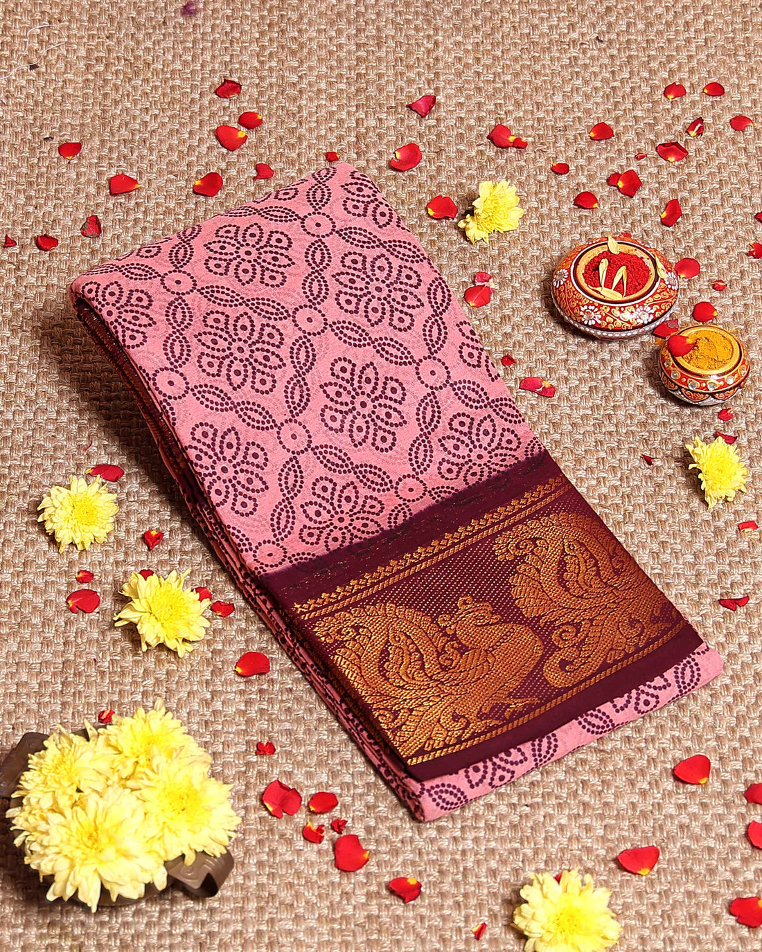 Elegant Sungudi Cotton Saree with Floral Dot Pattern and Grand Zari Peacock Border - Pink