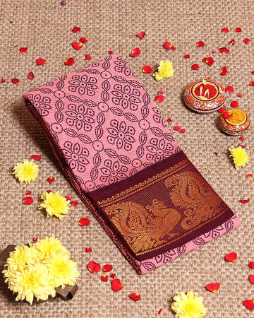 Elegant Sungudi Cotton Saree with Floral Dot Pattern and Grand Zari Peacock Border - Pink