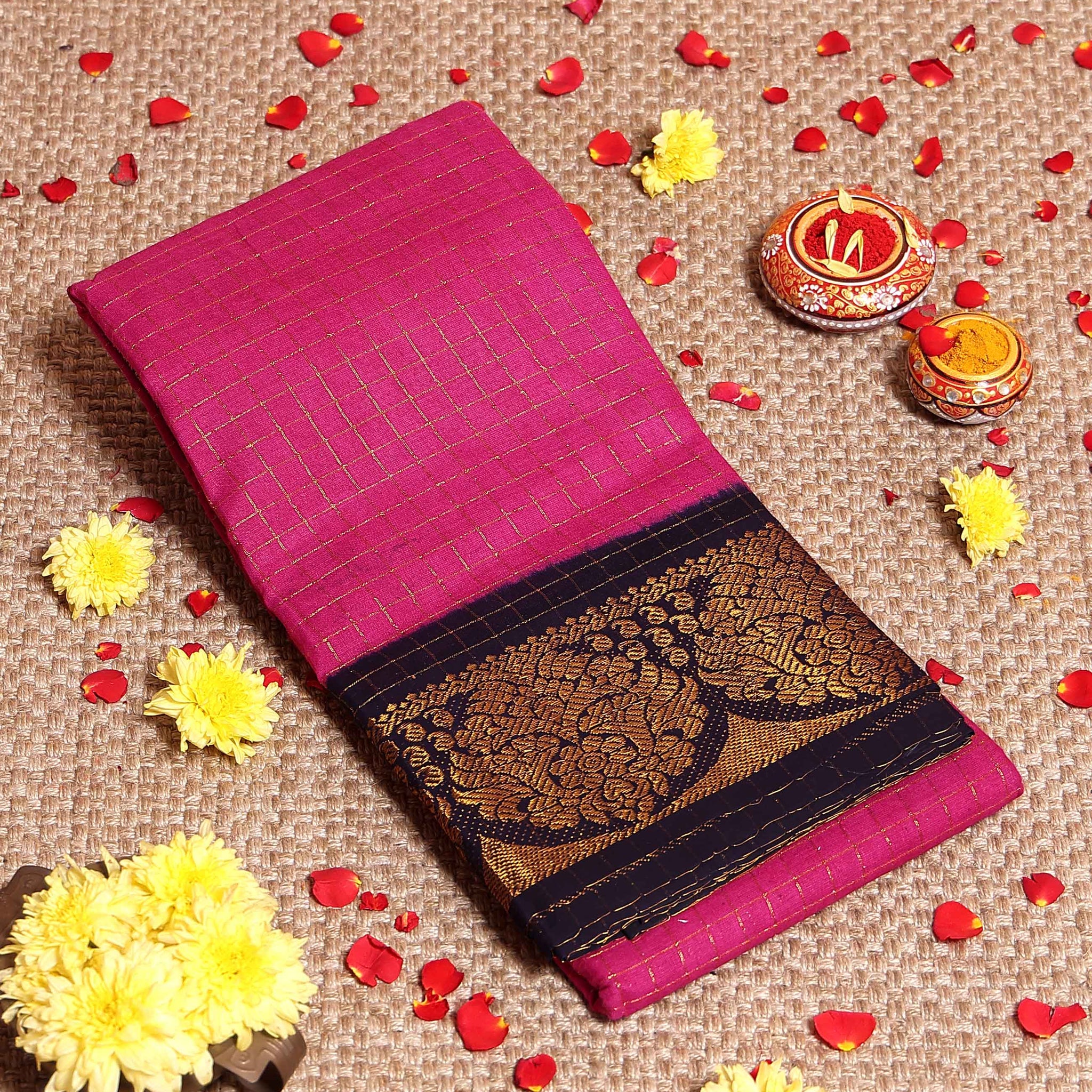 Elegant Sungudi Cotton Saree with Gold Zari Checks and Ornate Contrast Border  - Pink