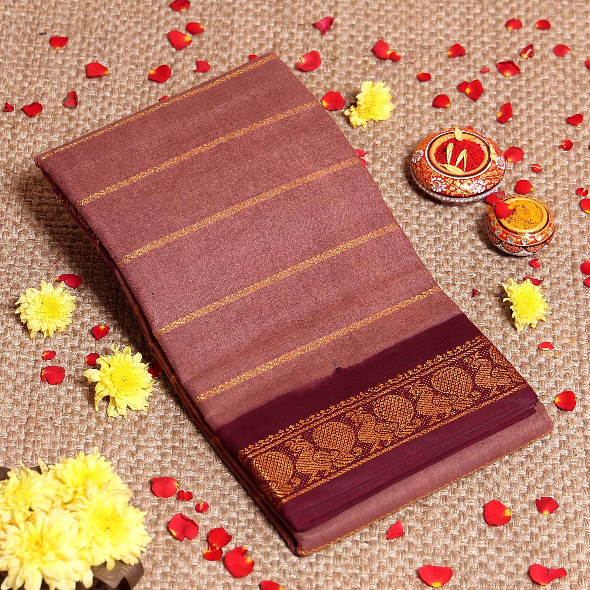 Elegant Sungudi Cotton Saree with Striped Body and Rich Zari Border - Brown
