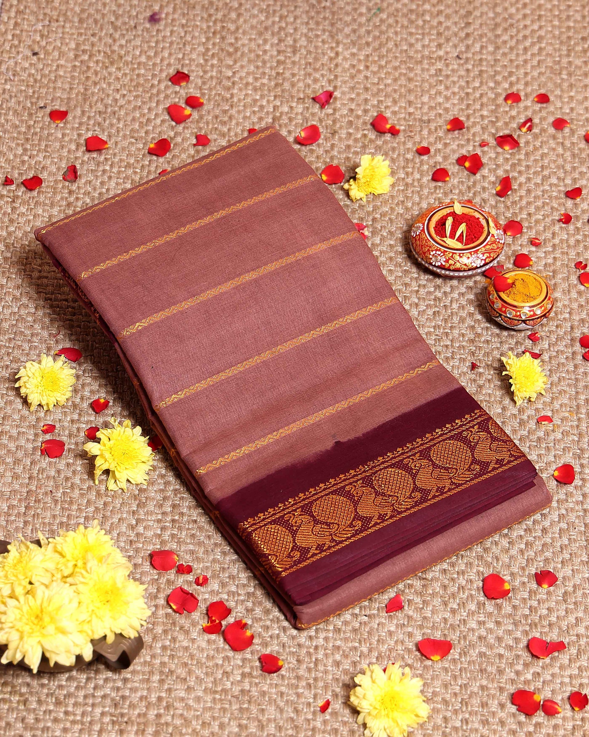 Elegant Sungudi Cotton Saree with Striped Body and Rich Zari Border - Brown