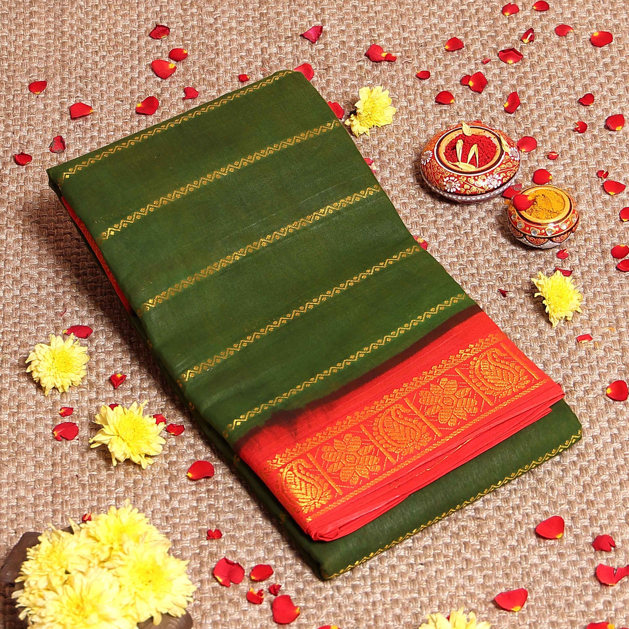 Elegant Sungudi Cotton Saree with Striped Body and Rich Zari Border - Green