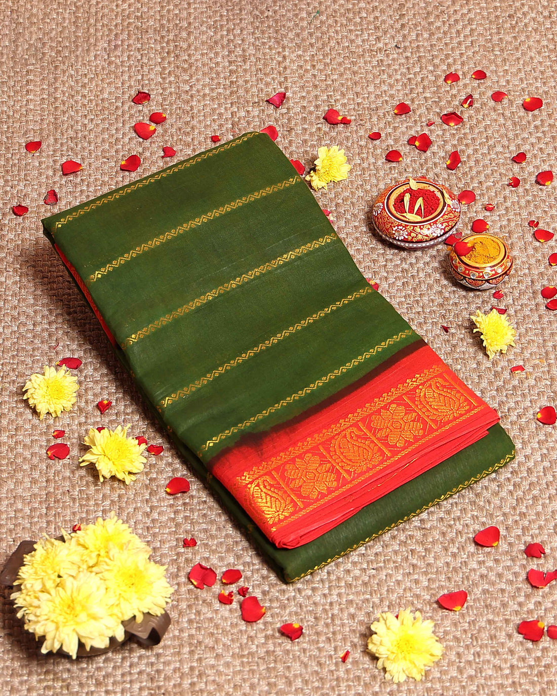 Elegant Sungudi Cotton Saree with Striped Body and Rich Zari Border - Green