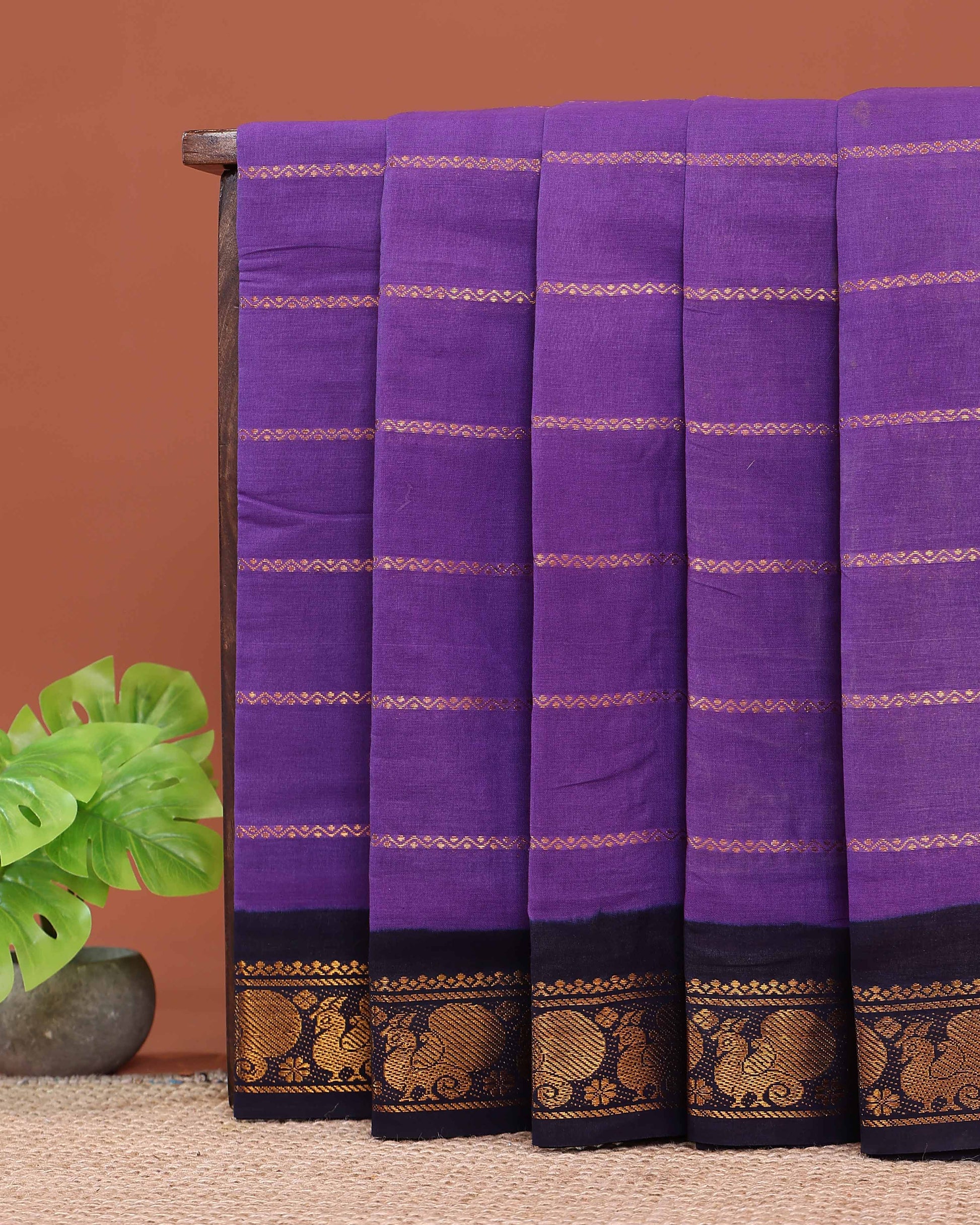 Elegant Sungudi Cotton Saree with Striped Body and Rich Zari Border  - Lavender