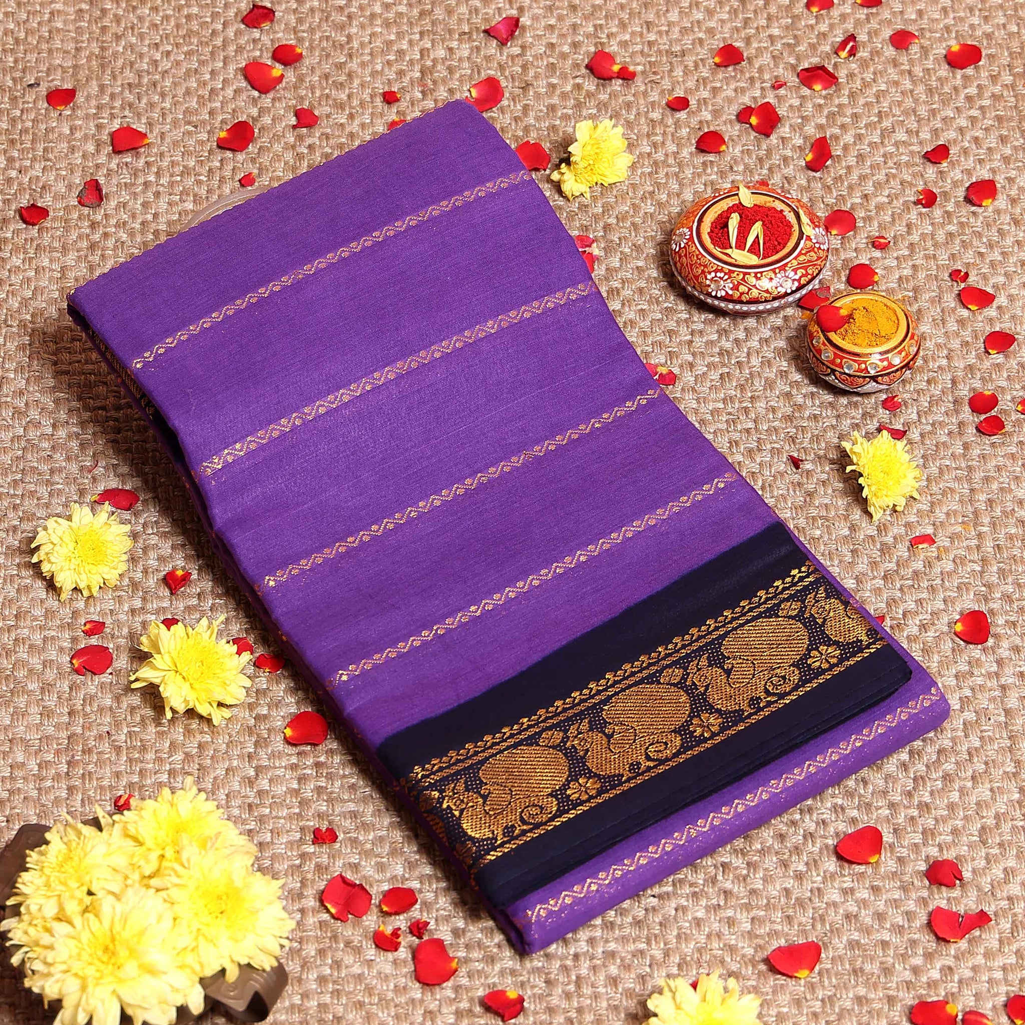 Elegant Sungudi Cotton Saree with Striped Body and Rich Zari Border  - Lavender