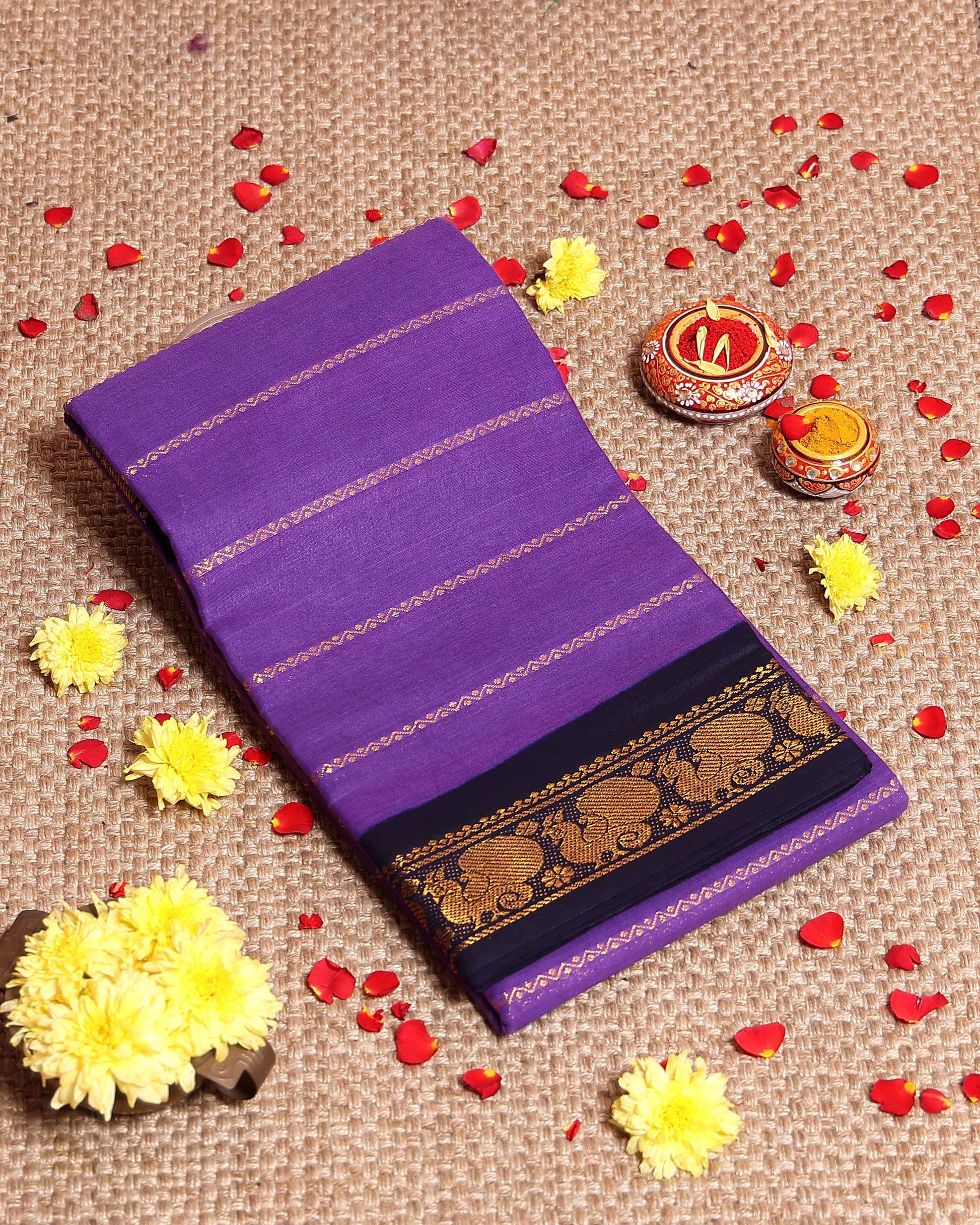 Elegant Sungudi Cotton Saree with Striped Body and Rich Zari Border  - Lavender