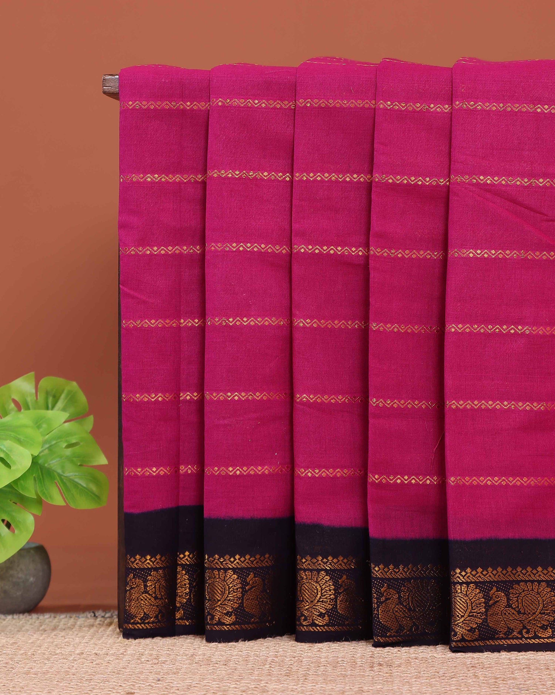 Elegant Sungudi Cotton Saree with Striped Body and Rich Zari Border - Magenta