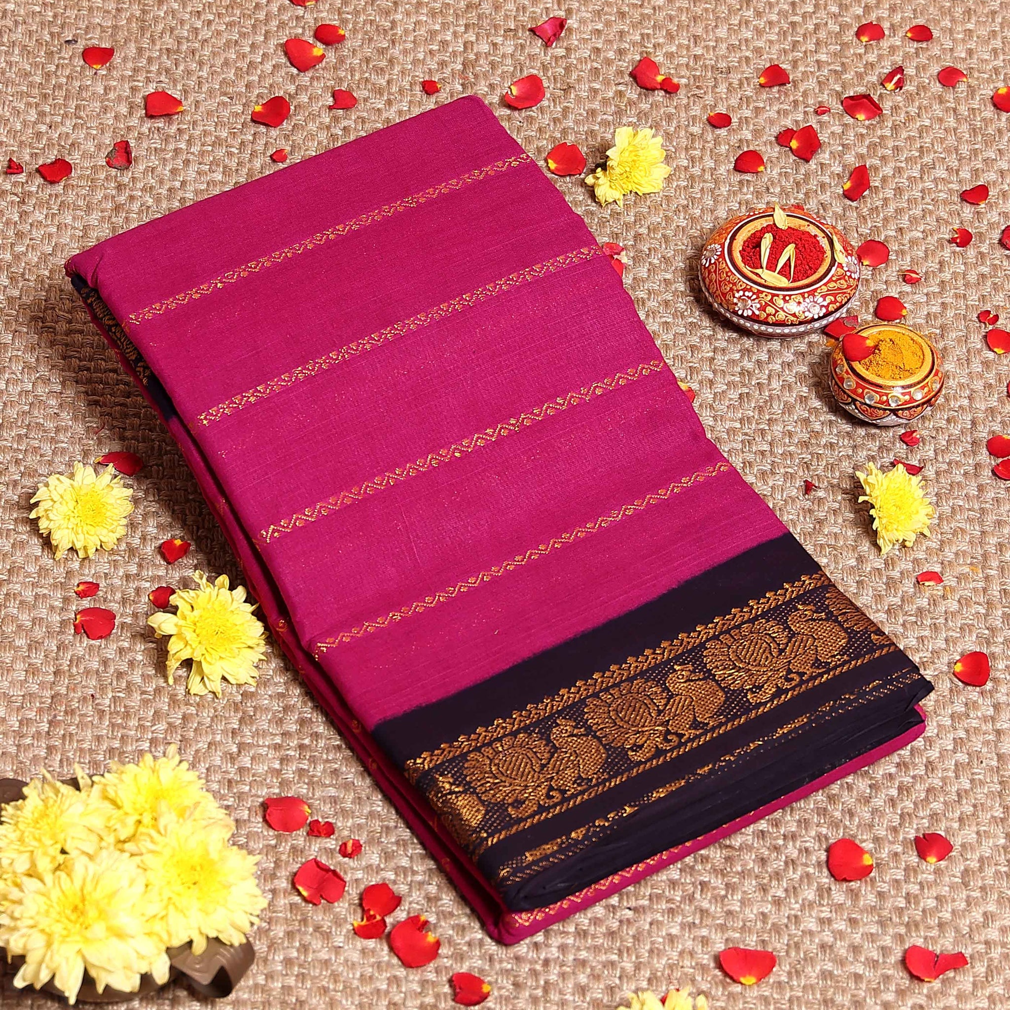 Elegant Sungudi Cotton Saree with Striped Body and Rich Zari Border - Magenta