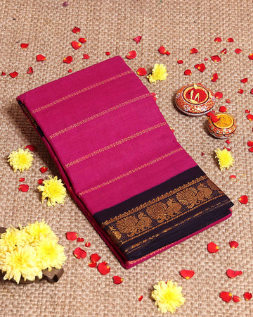 Elegant Sungudi Cotton Saree with Striped Body and Rich Zari Border - Magenta