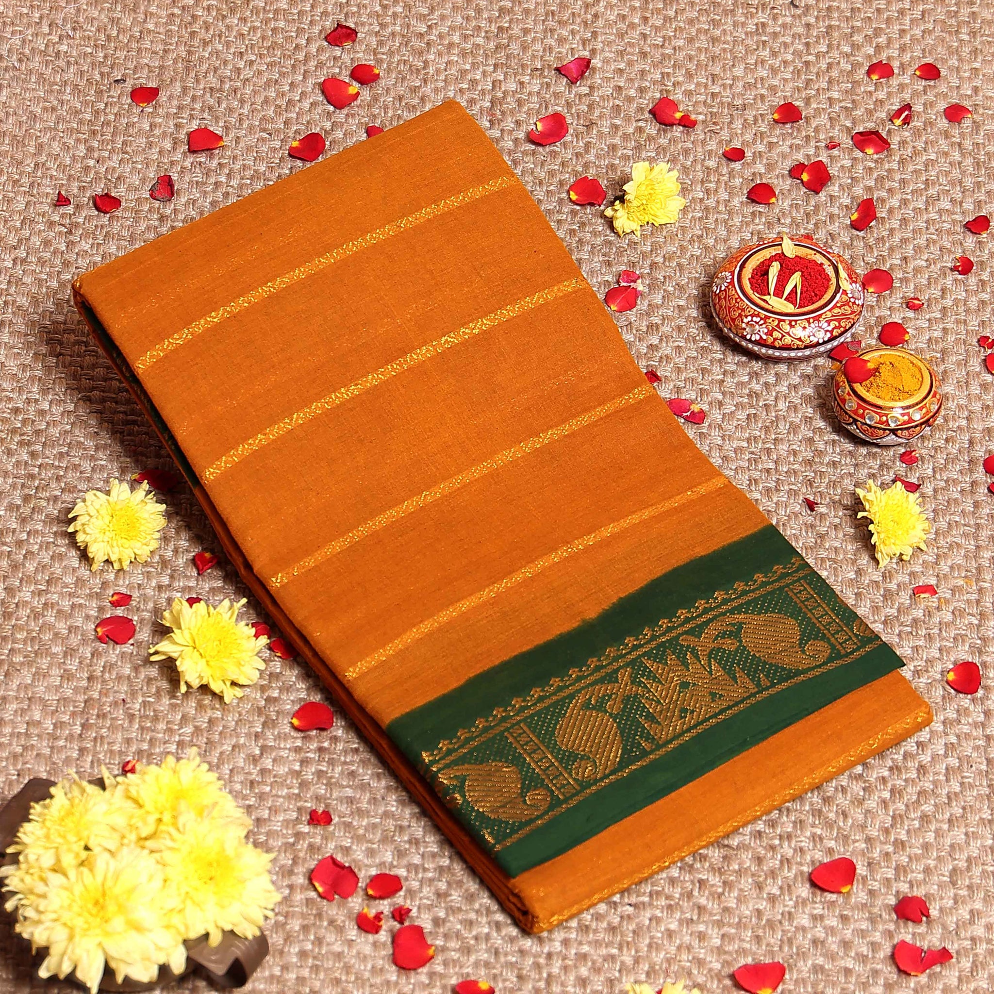 Elegant Sungudi Cotton Saree with Striped Body and Rich Zari Border - Mustard-one