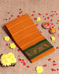 Elegant Sungudi Cotton Saree with Striped Body and Rich Zari Border - Mustard-one