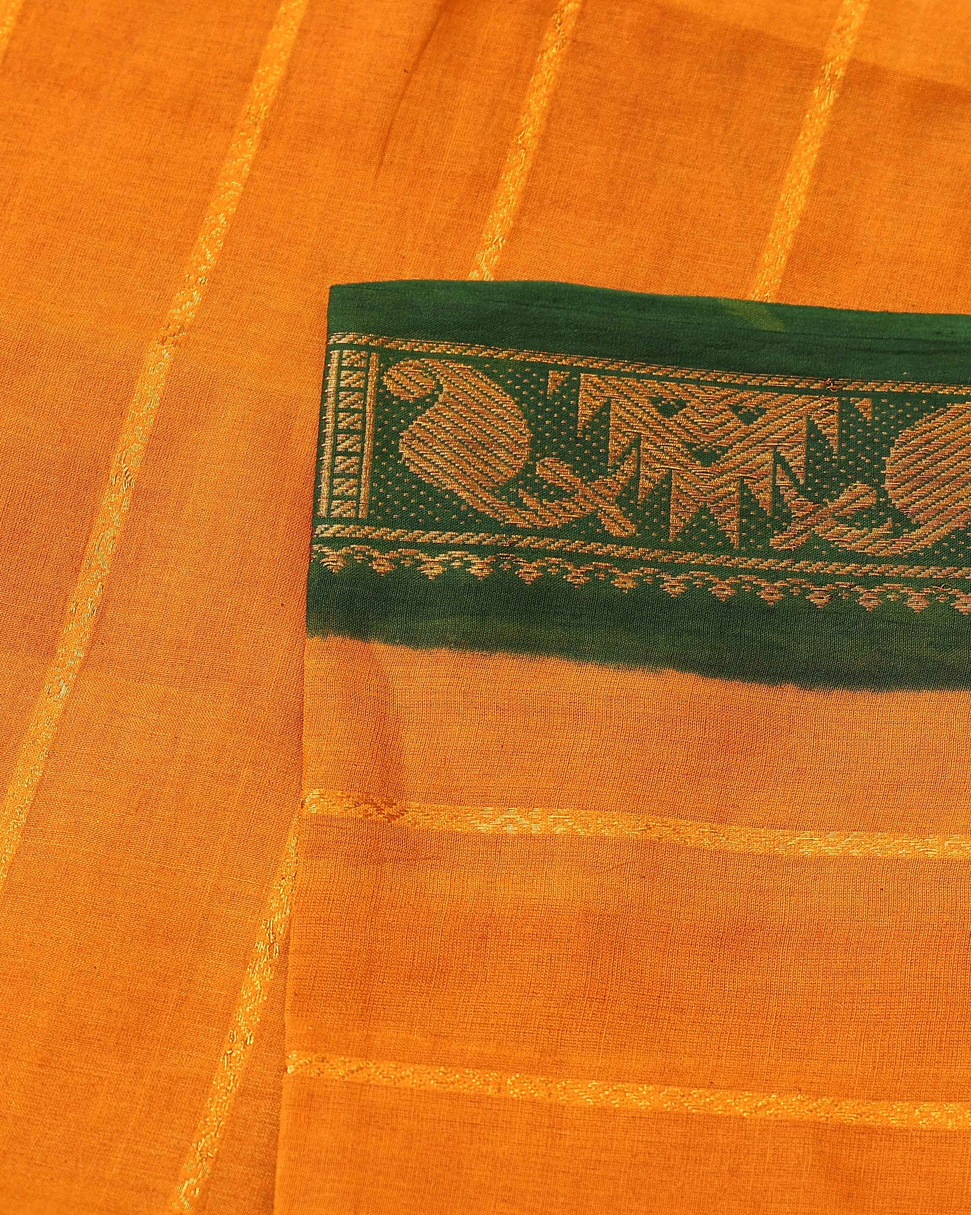 Elegant Sungudi Cotton Saree with Striped Body and Rich Zari Border - Mustard-one