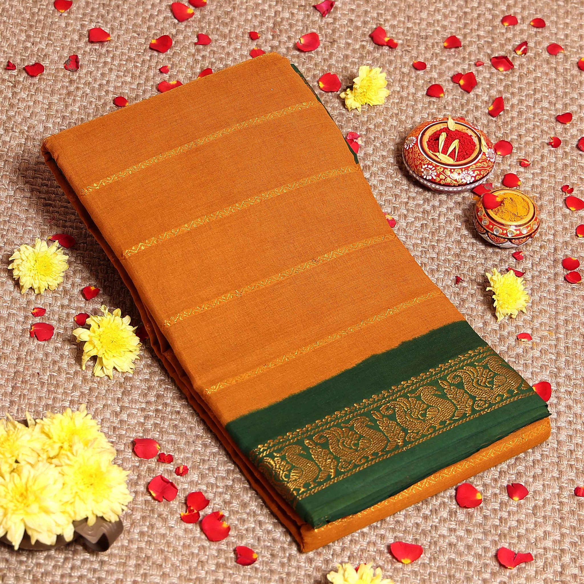 Elegant Sungudi Cotton Saree with Striped Body and Rich Zari Border - Mustard