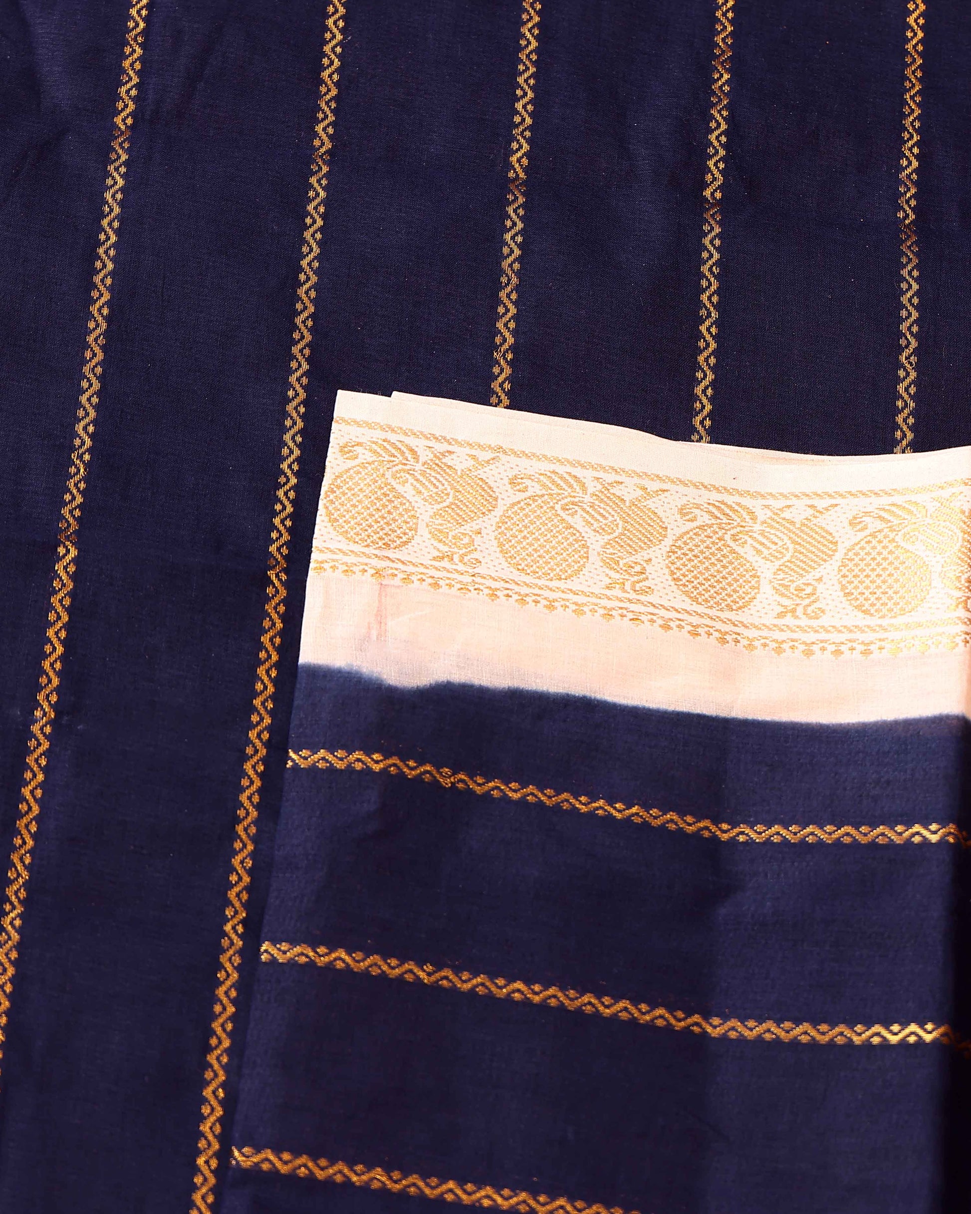 Elegant Sungudi Cotton Saree with Striped Body and Rich Zari Border  - Navy Blue