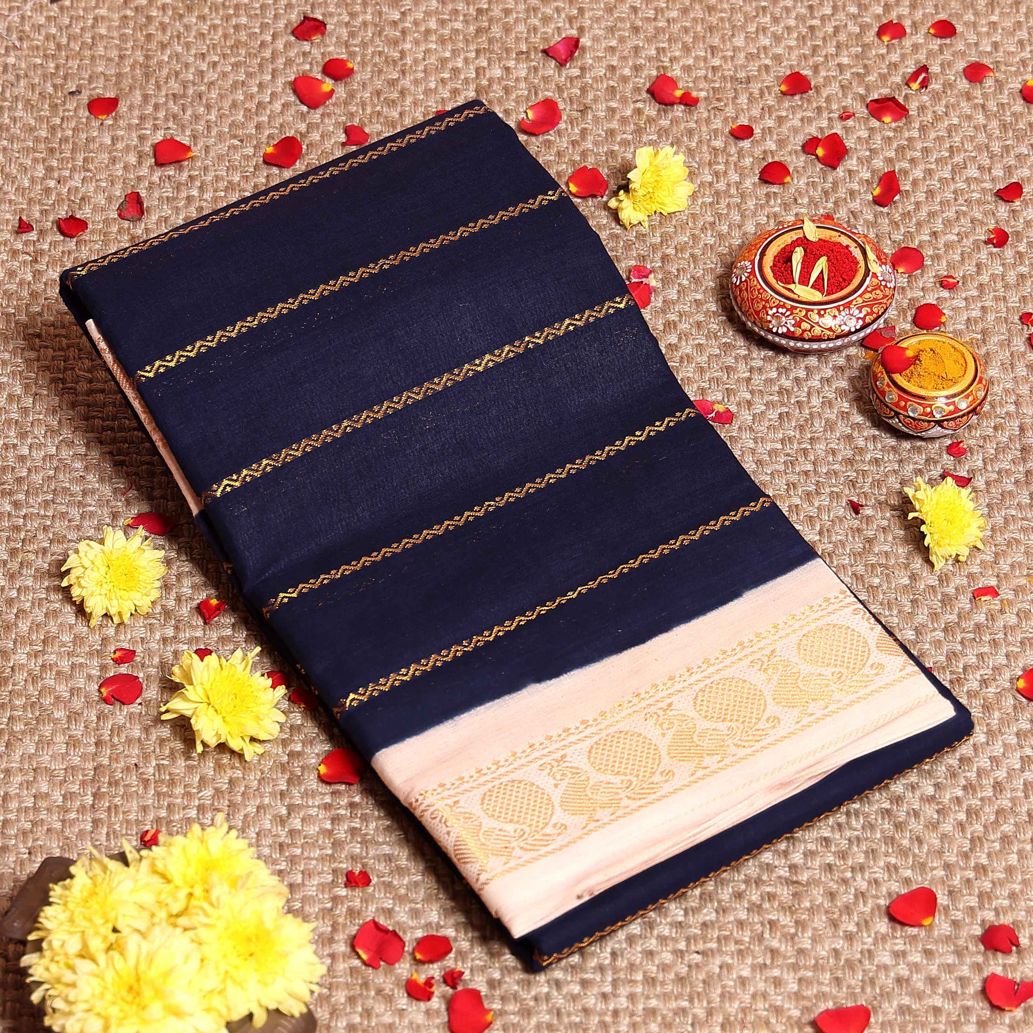 Elegant Sungudi Cotton Saree with Striped Body and Rich Zari Border  - Navy Blue
