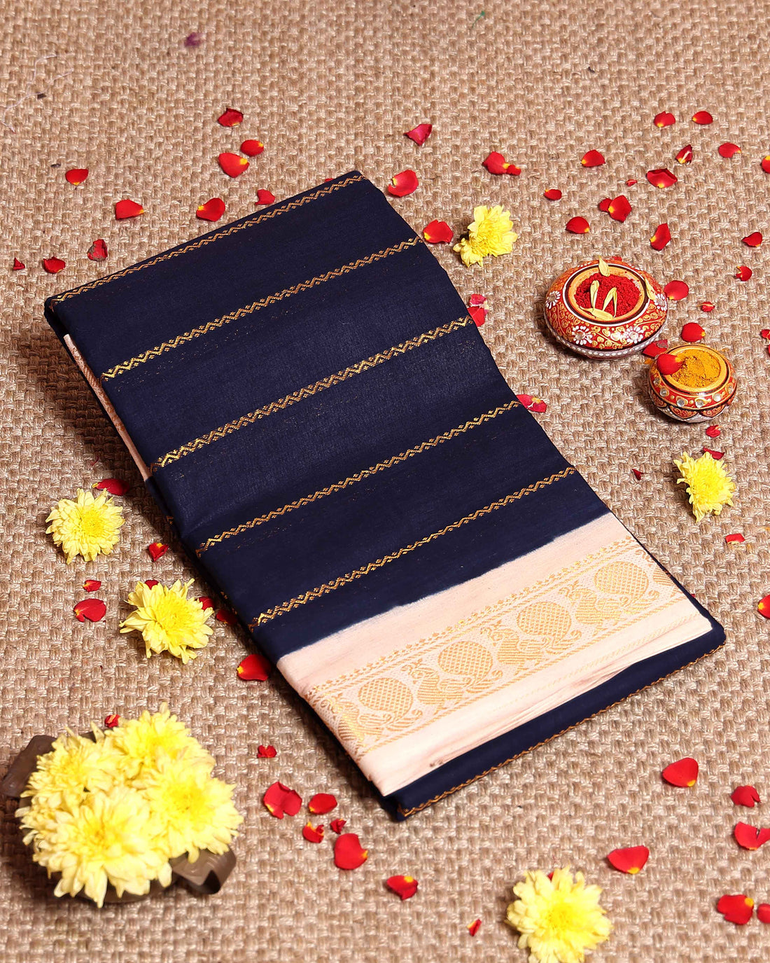 Elegant Sungudi Cotton Saree with Striped Body and Rich Zari Border  - Navy Blue