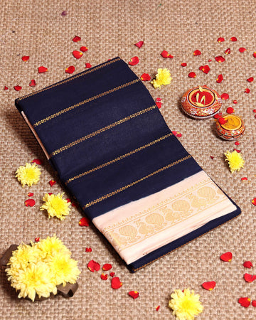 Elegant Sungudi Cotton Saree with Striped Body and Rich Zari Border  - Navy Blue
