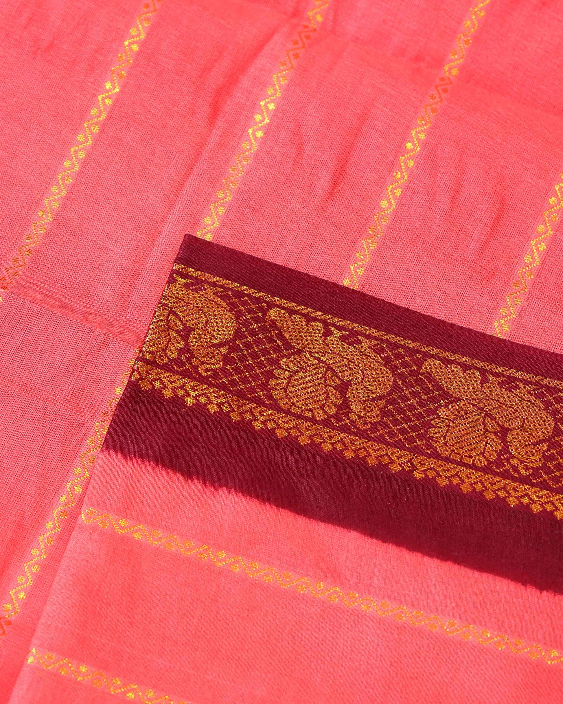 Elegant Sungudi Cotton Saree with Striped Body and Rich Zari Border  - Salmon Pink