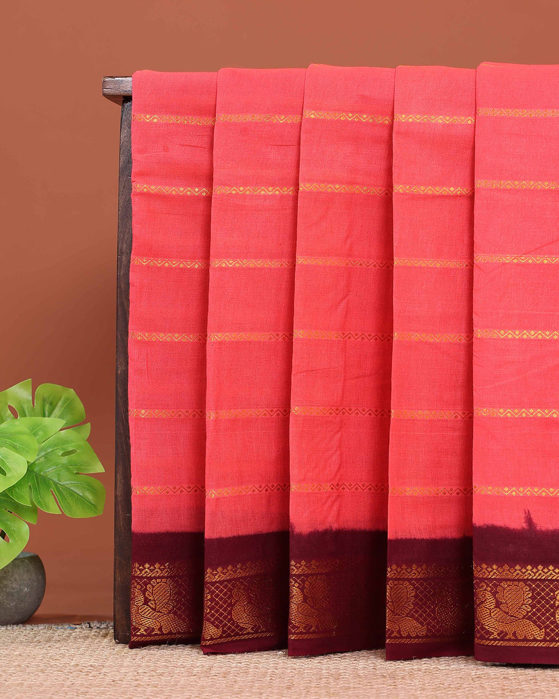 Elegant Sungudi Cotton Saree with Striped Body and Rich Zari Border  - Salmon Pink