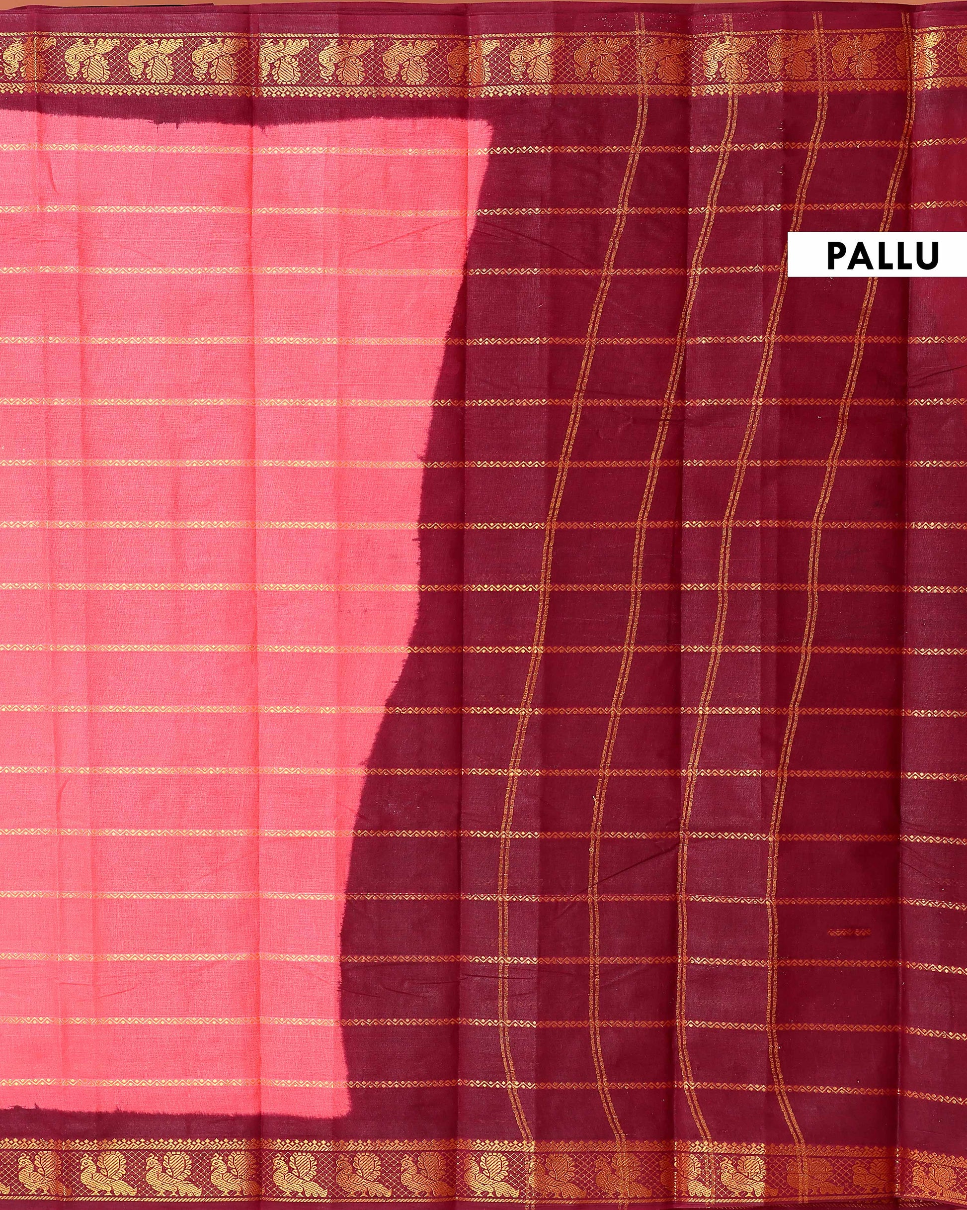 Elegant Sungudi Cotton Saree with Striped Body and Rich Zari Border  - Salmon Pink