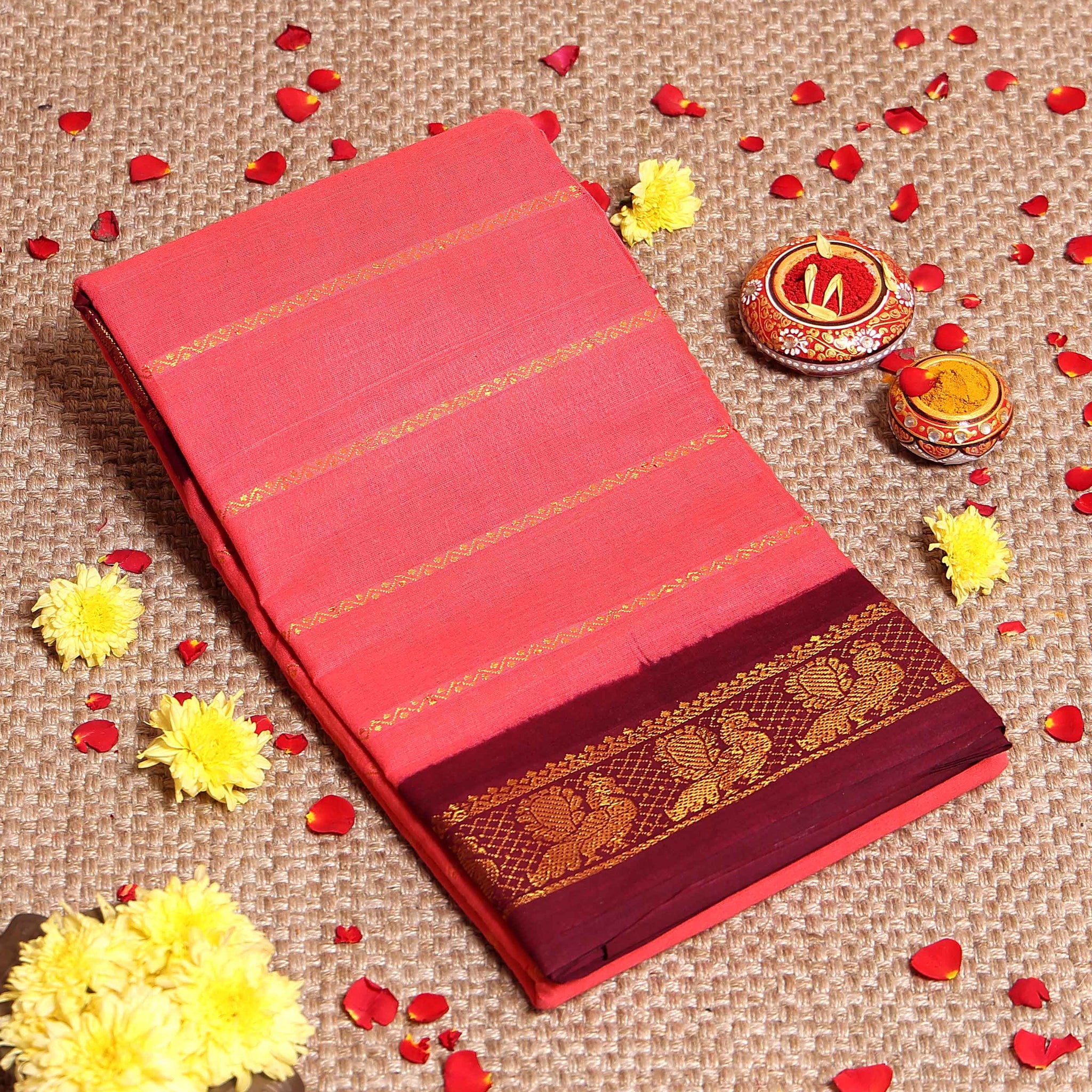 Elegant Sungudi Cotton Saree with Striped Body and Rich Zari Border  - Salmon Pink