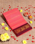 Elegant Sungudi Cotton Saree with Striped Body and Rich Zari Border  - Salmon Pink