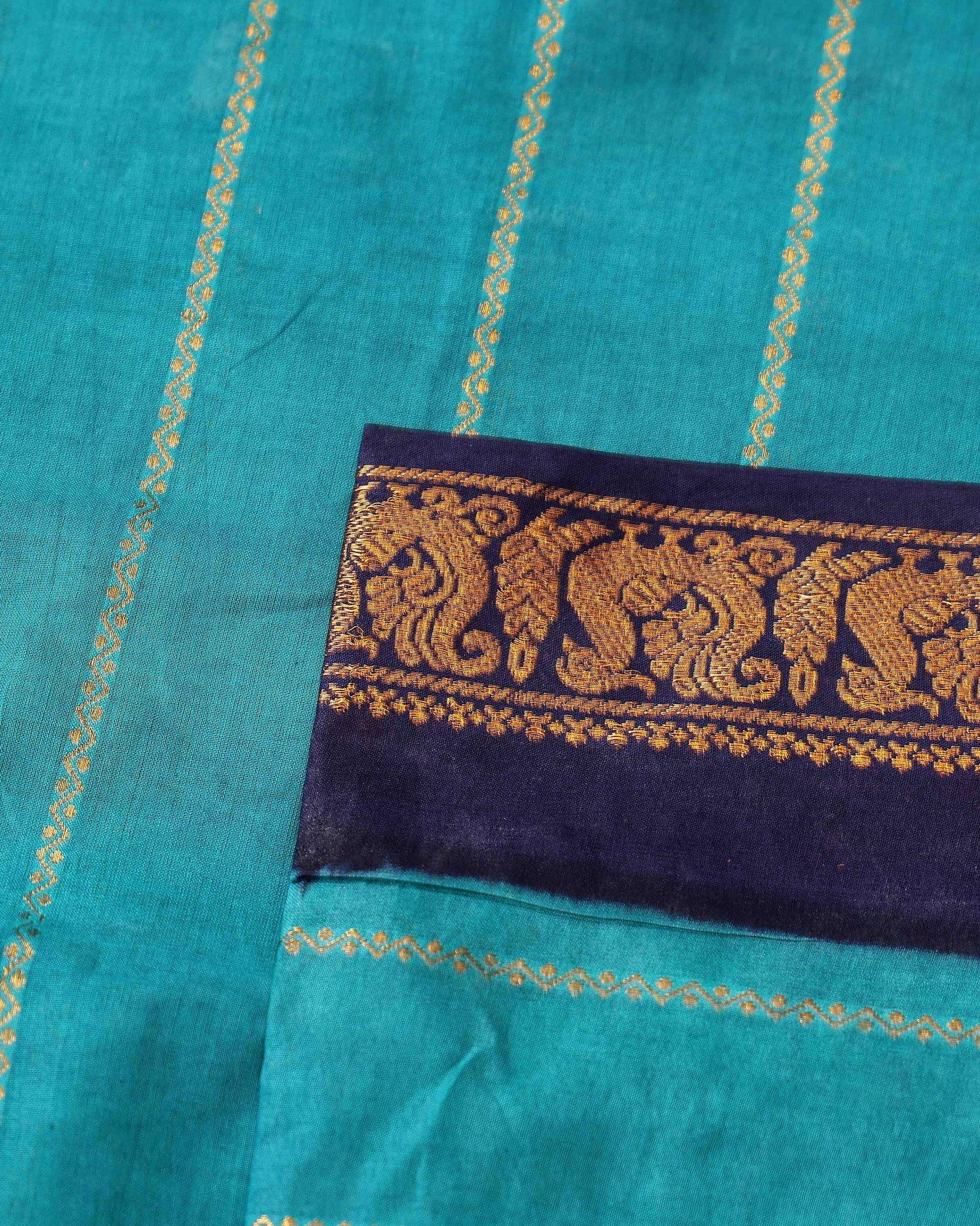 Elegant Sungudi Cotton Saree with Striped Body and Rich Zari Border  - Teal