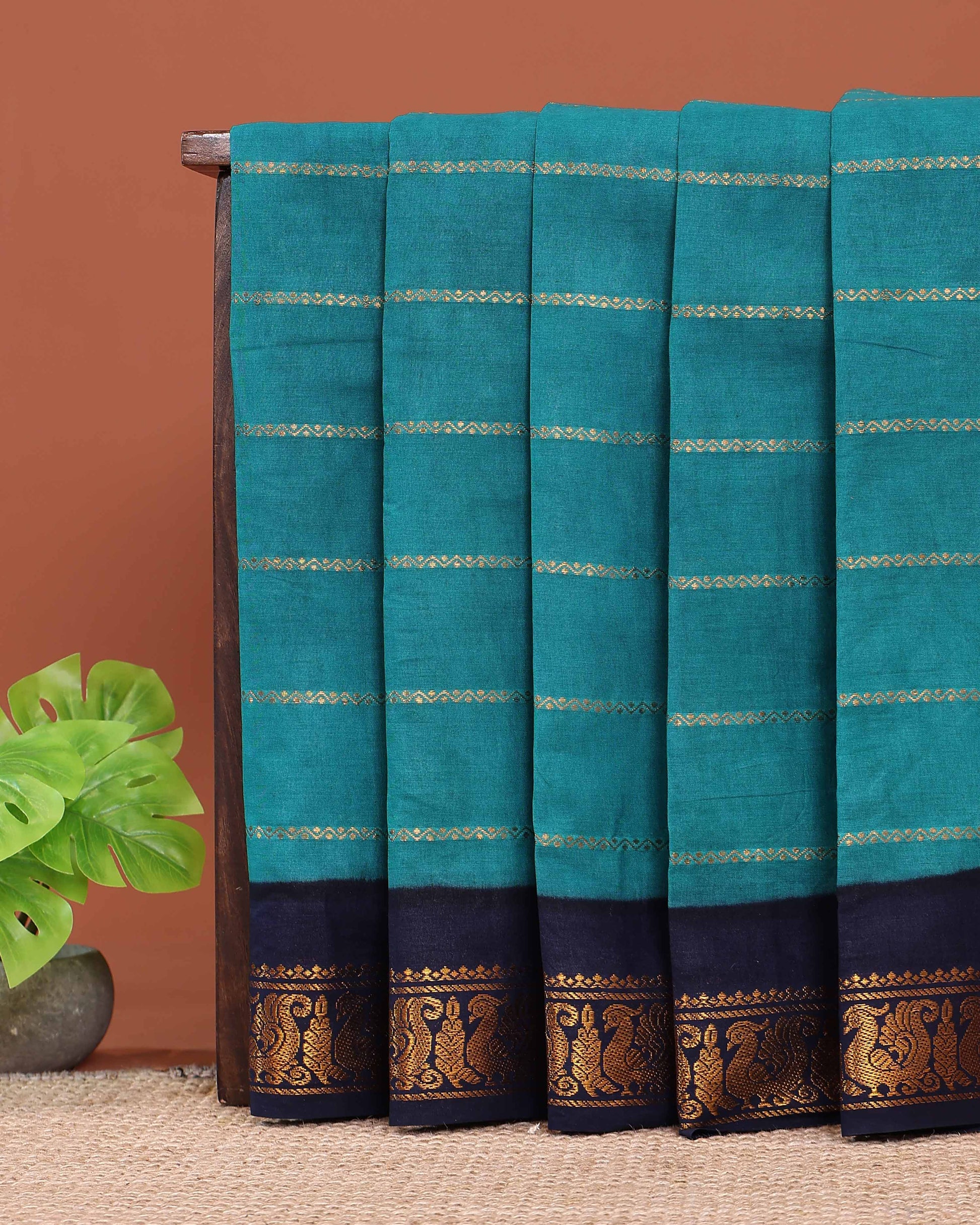 Elegant Sungudi Cotton Saree with Striped Body and Rich Zari Border  - Teal