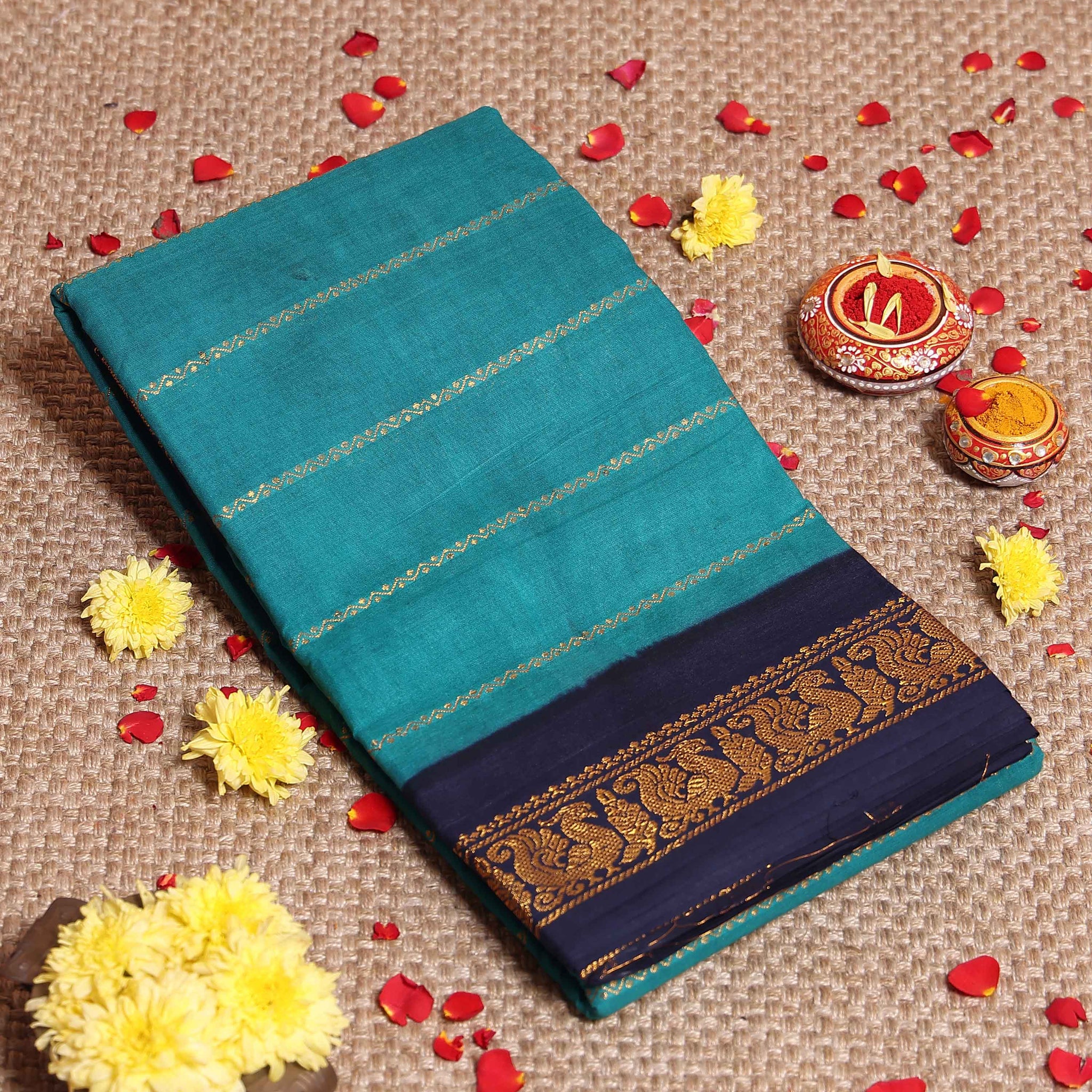 Elegant Sungudi Cotton Saree with Striped Body and Rich Zari Border  - Teal