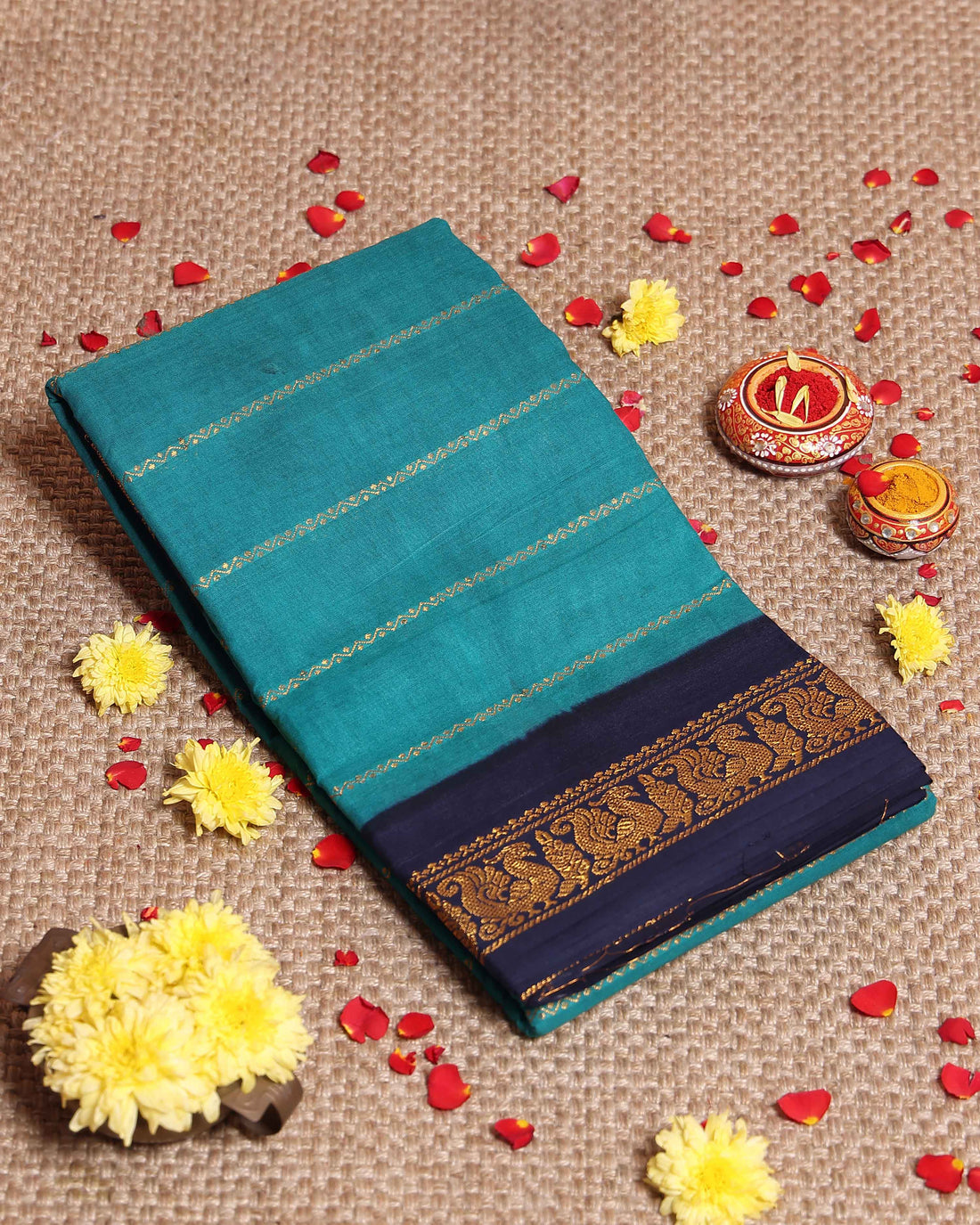 Elegant Sungudi Cotton Saree with Striped Body and Rich Zari Border  - Teal