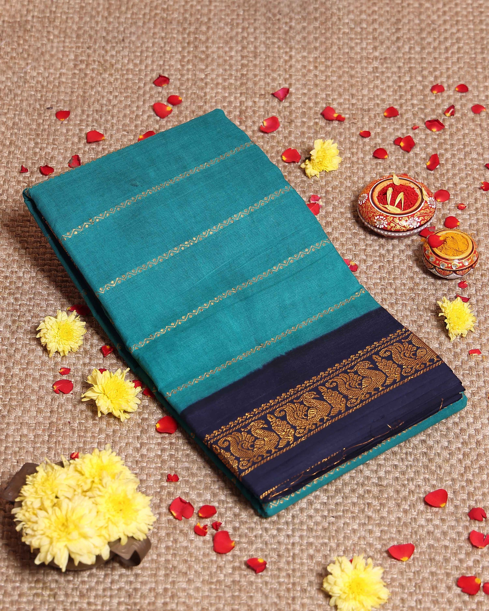 Elegant Sungudi Cotton Saree with Striped Body and Rich Zari Border  - Teal