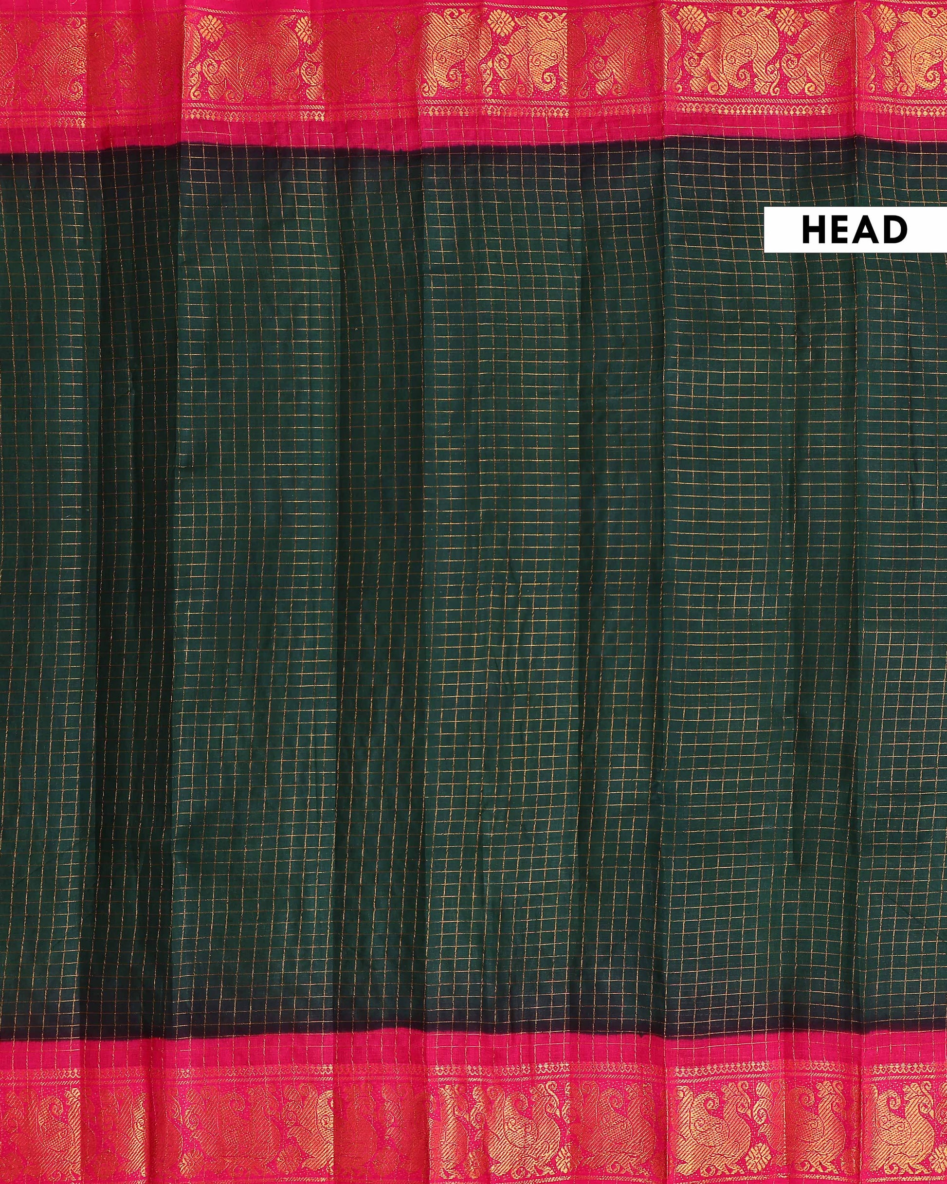 Elegant Sungudi Cotton Saree with Zari Checks and Contrast Peacock Motif Border - Dark Green