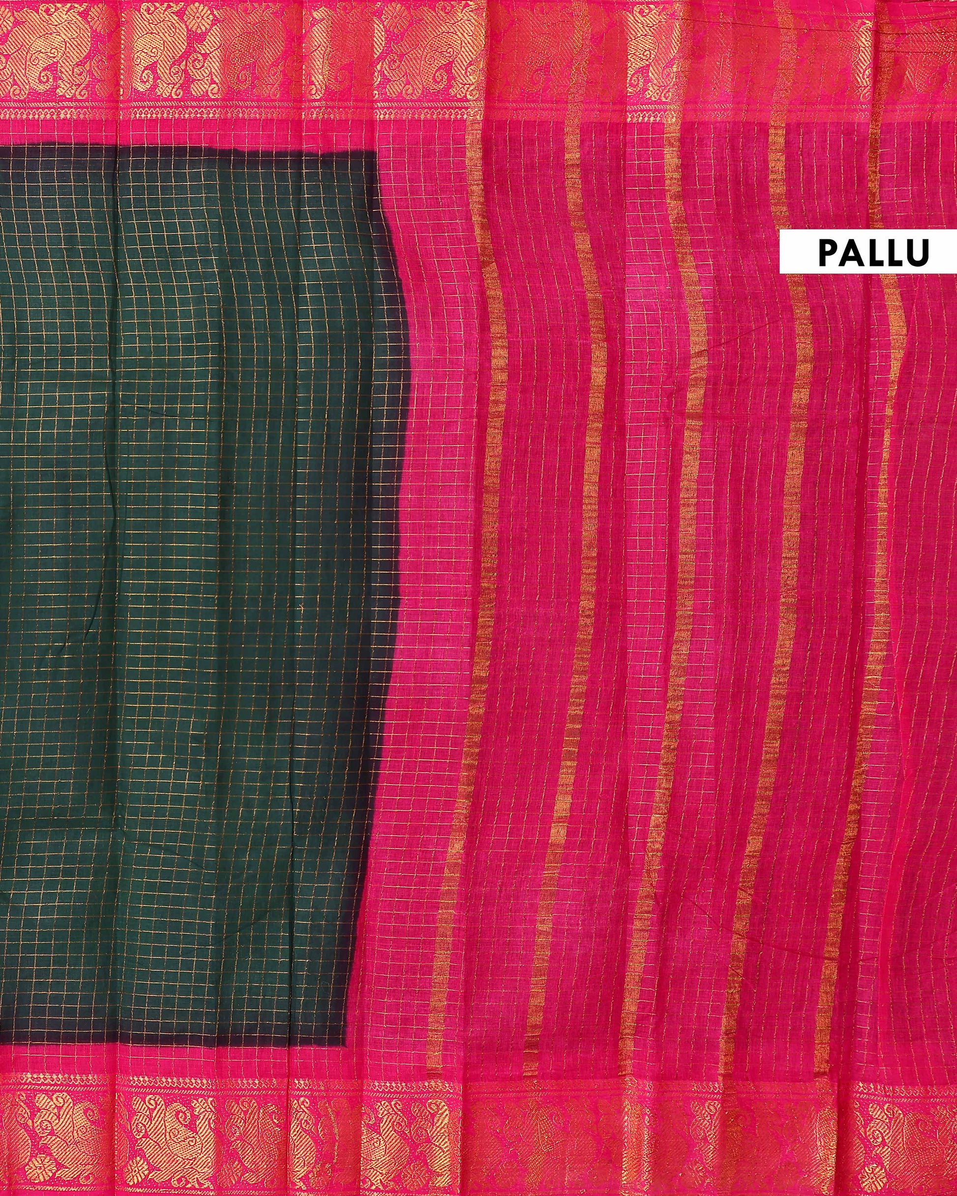 Elegant Sungudi Cotton Saree with Zari Checks and Contrast Peacock Motif Border - Dark Green