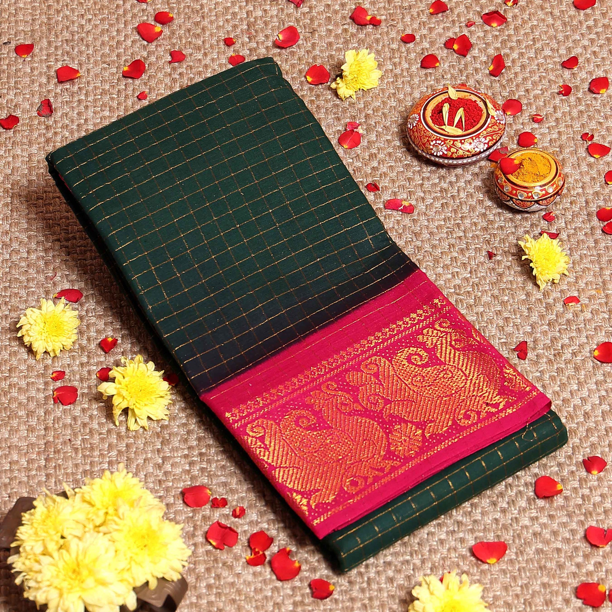 Elegant Sungudi Cotton Saree with Zari Checks and Contrast Peacock Motif Border - Dark Green