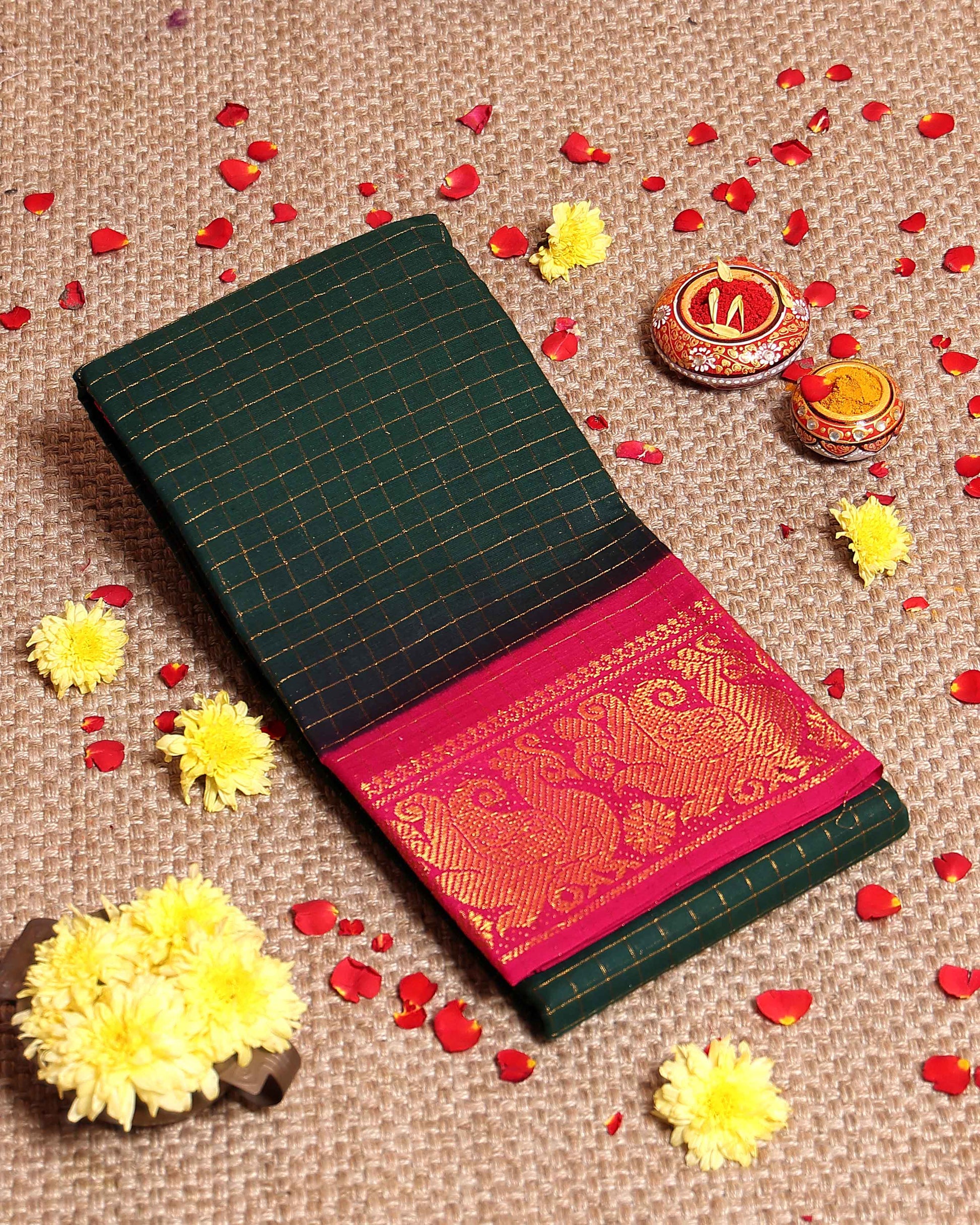 Elegant Sungudi Cotton Saree with Zari Checks and Contrast Peacock Motif Border - Dark Green
