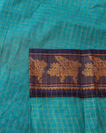 Elegant Sungudi Cotton Saree with Zari Checks and Contrast Peacock Motif Border - Teal