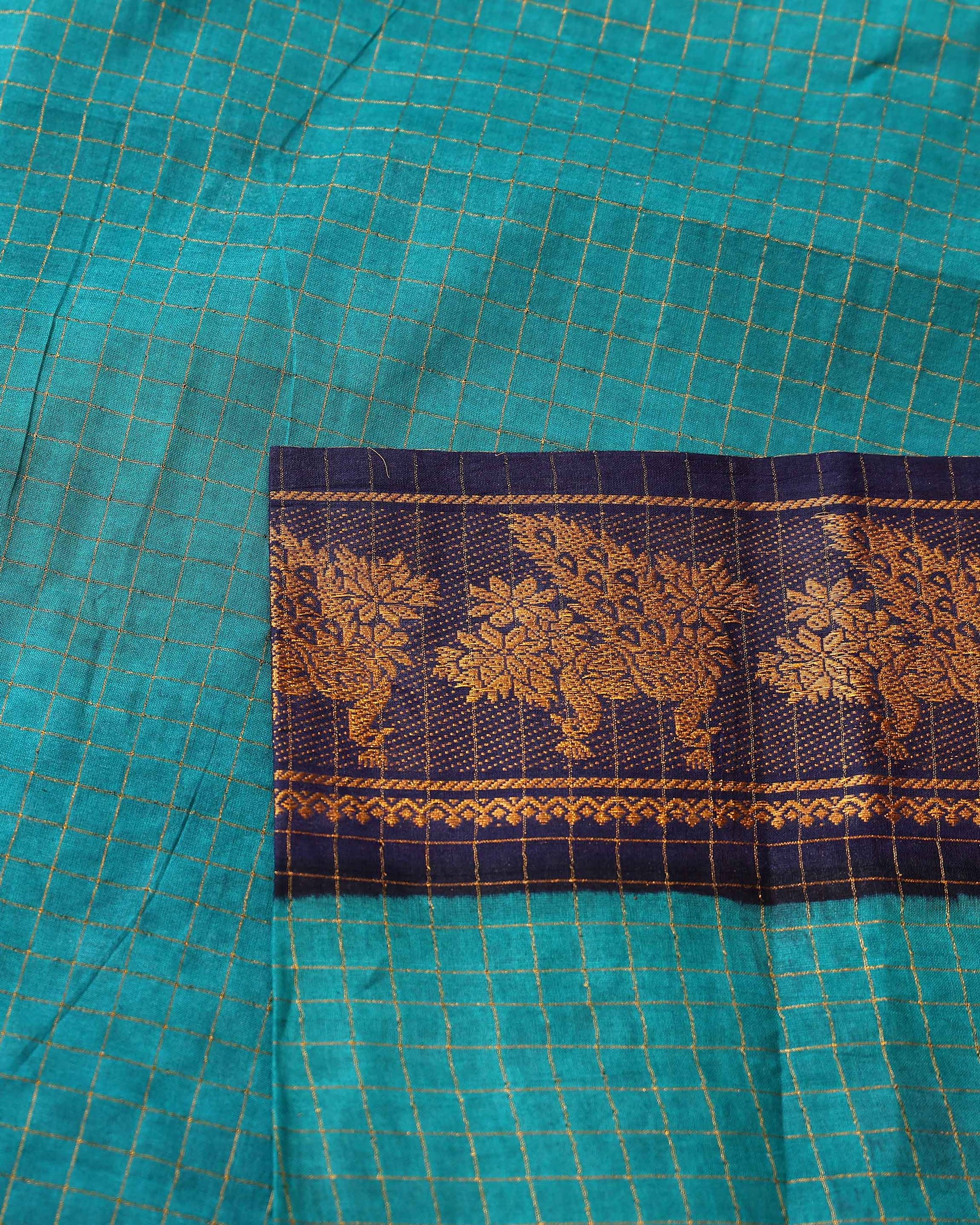 Elegant Sungudi Cotton Saree with Zari Checks and Contrast Peacock Motif Border - Teal