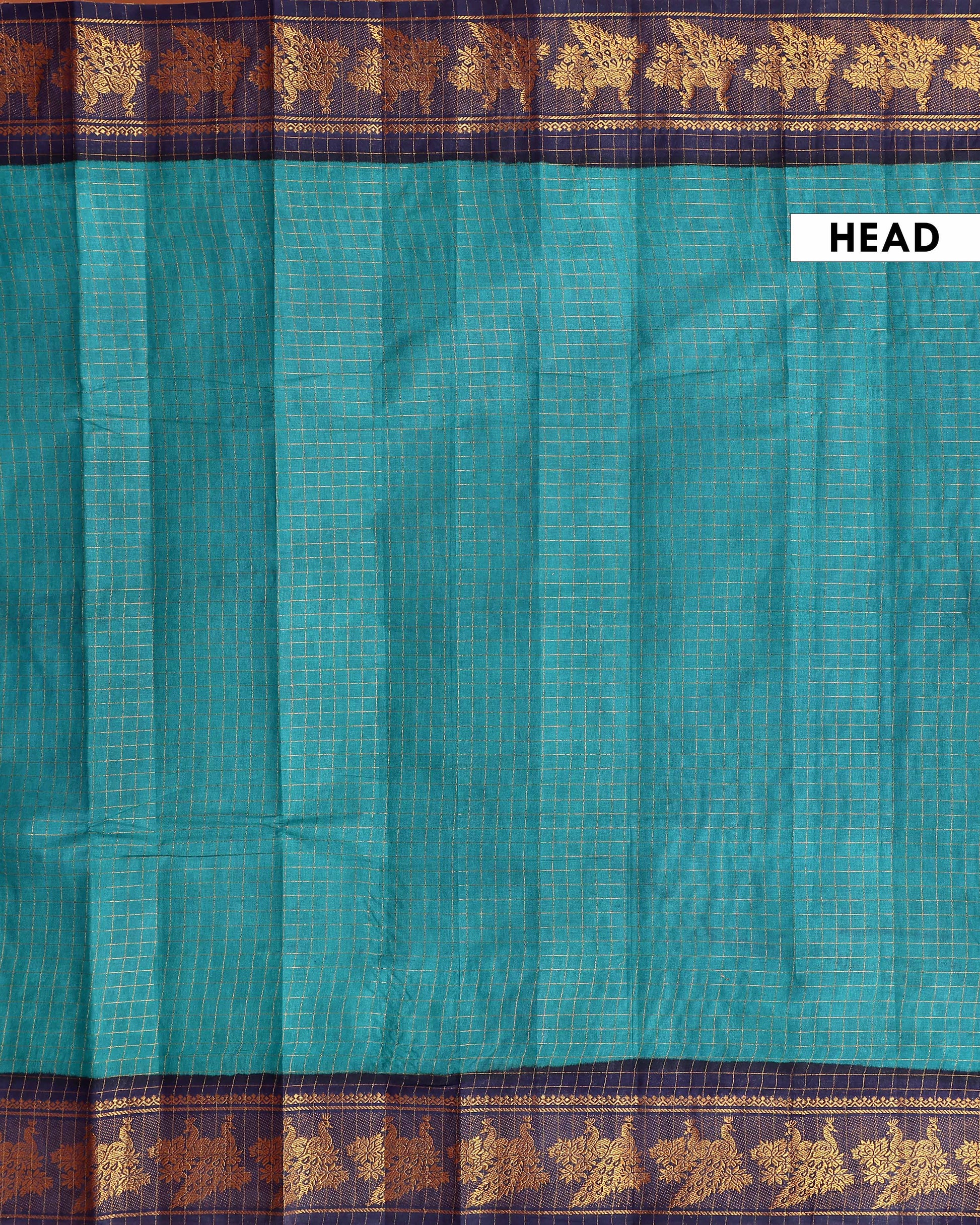 Elegant Sungudi Cotton Saree with Zari Checks and Contrast Peacock Motif Border - Teal