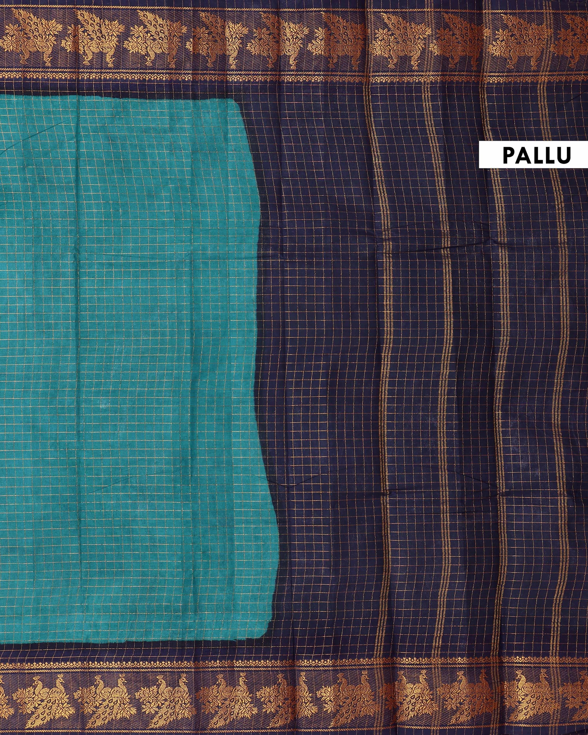 Elegant Sungudi Cotton Saree with Zari Checks and Contrast Peacock Motif Border - Teal