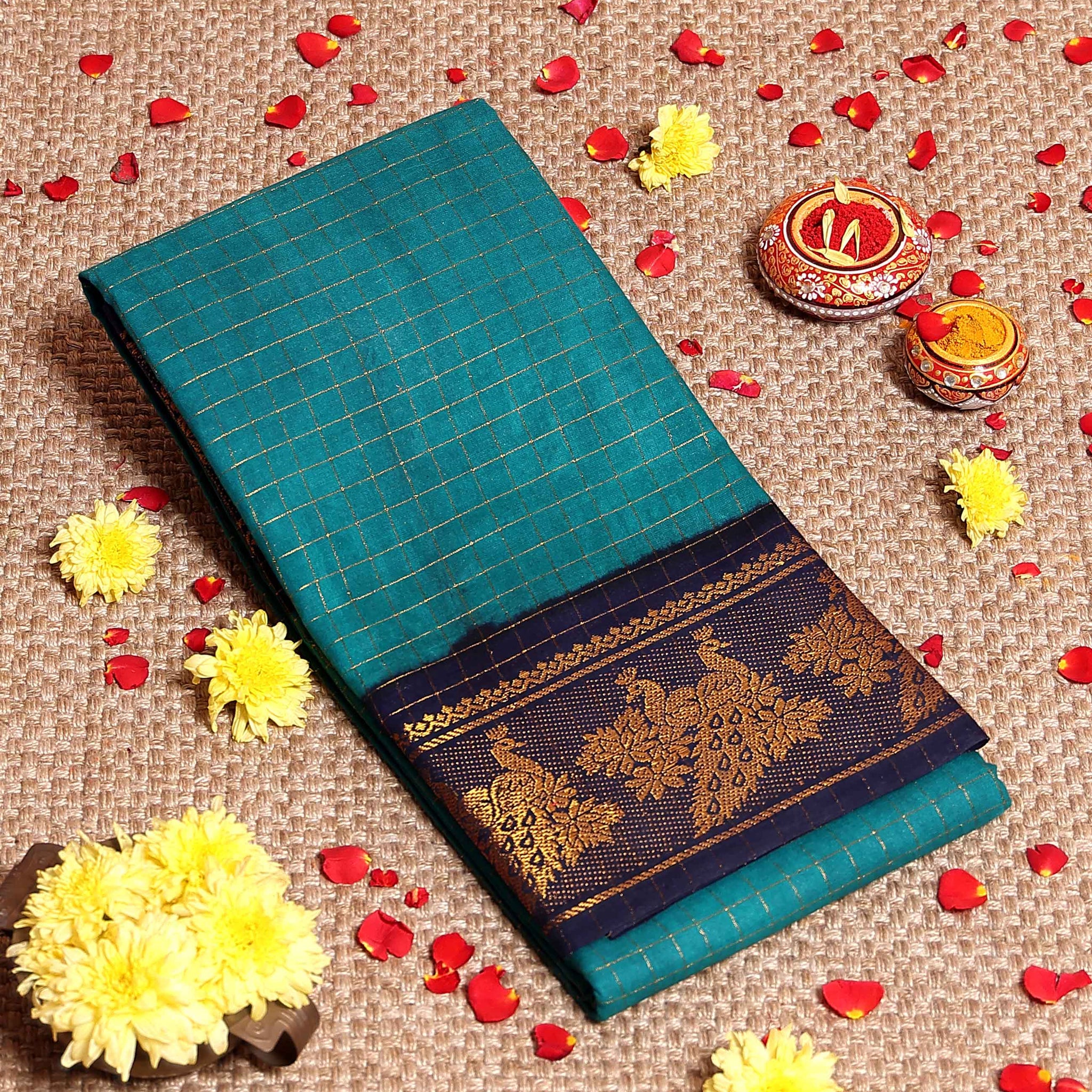 Elegant Sungudi Cotton Saree with Zari Checks and Contrast Peacock Motif Border - Teal