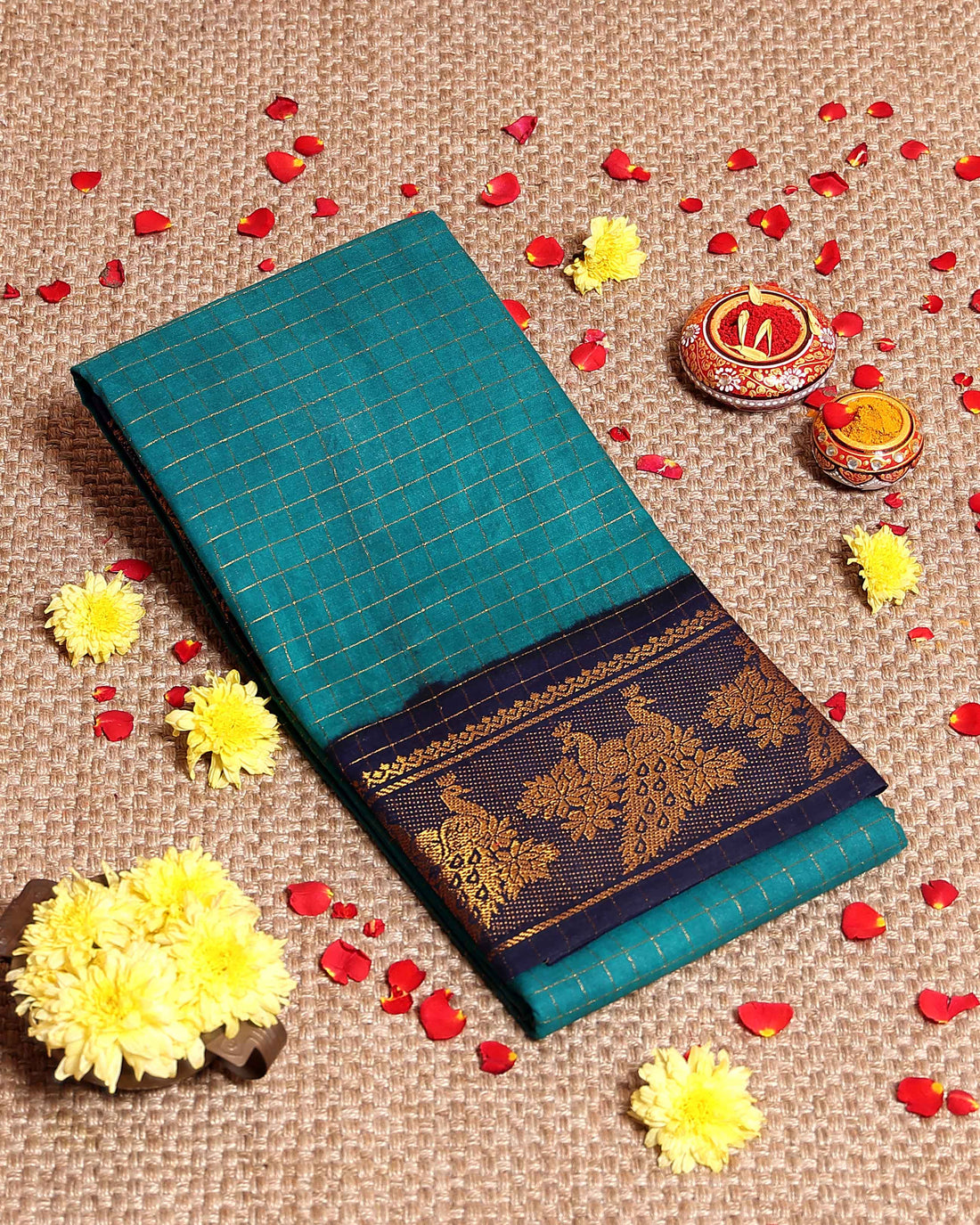 Elegant Sungudi Cotton Saree with Zari Checks and Contrast Peacock Motif Border - Teal