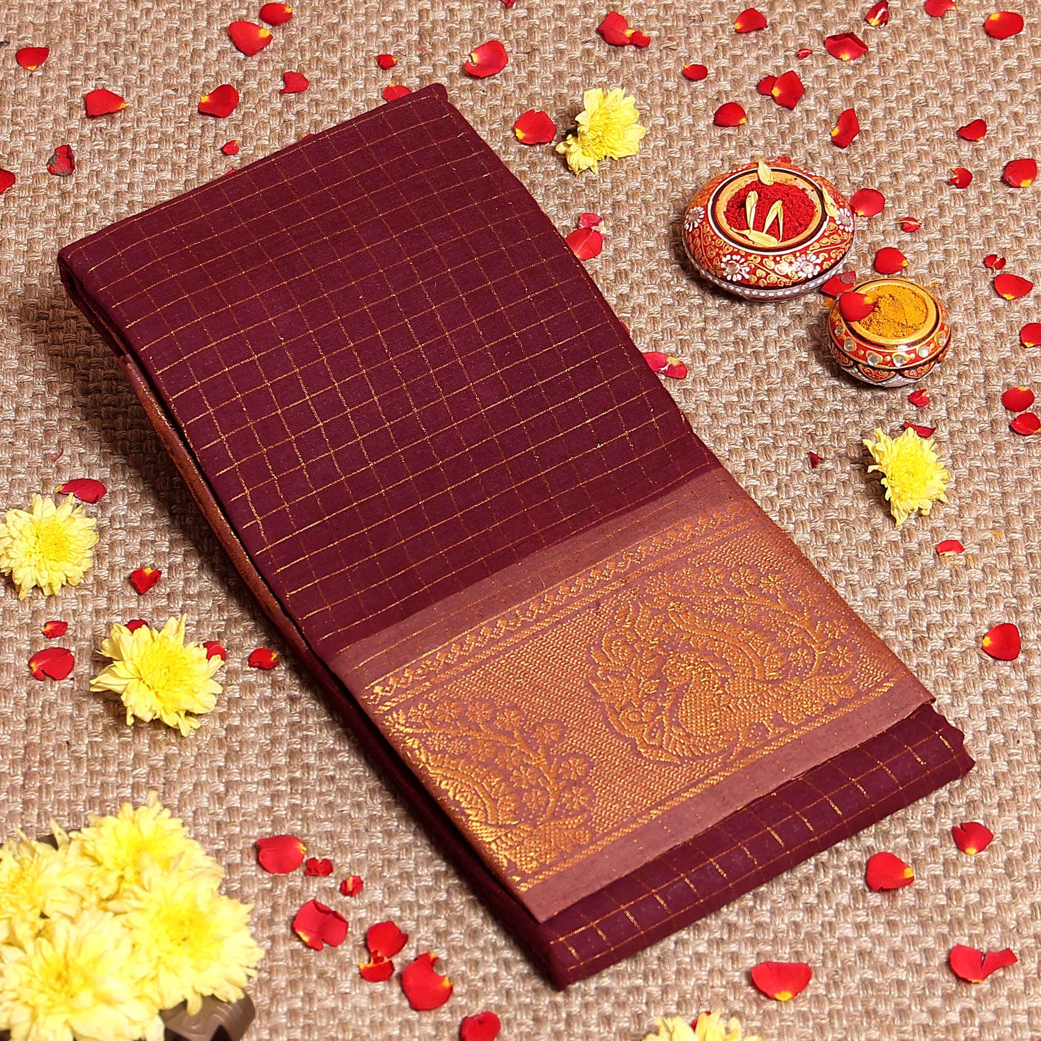 Elegant Sungudi Cotton Saree with Zari Checks and Traditional Border - Maroon