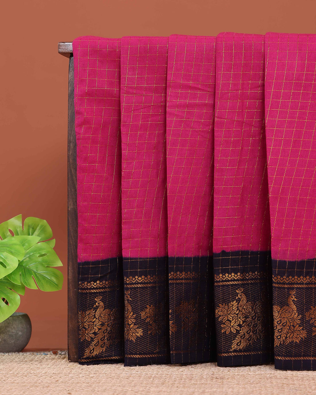 Elegant Sungudi Cotton Saree with Zari Checks and Traditional Peacock Motif Contrast Border - Purple