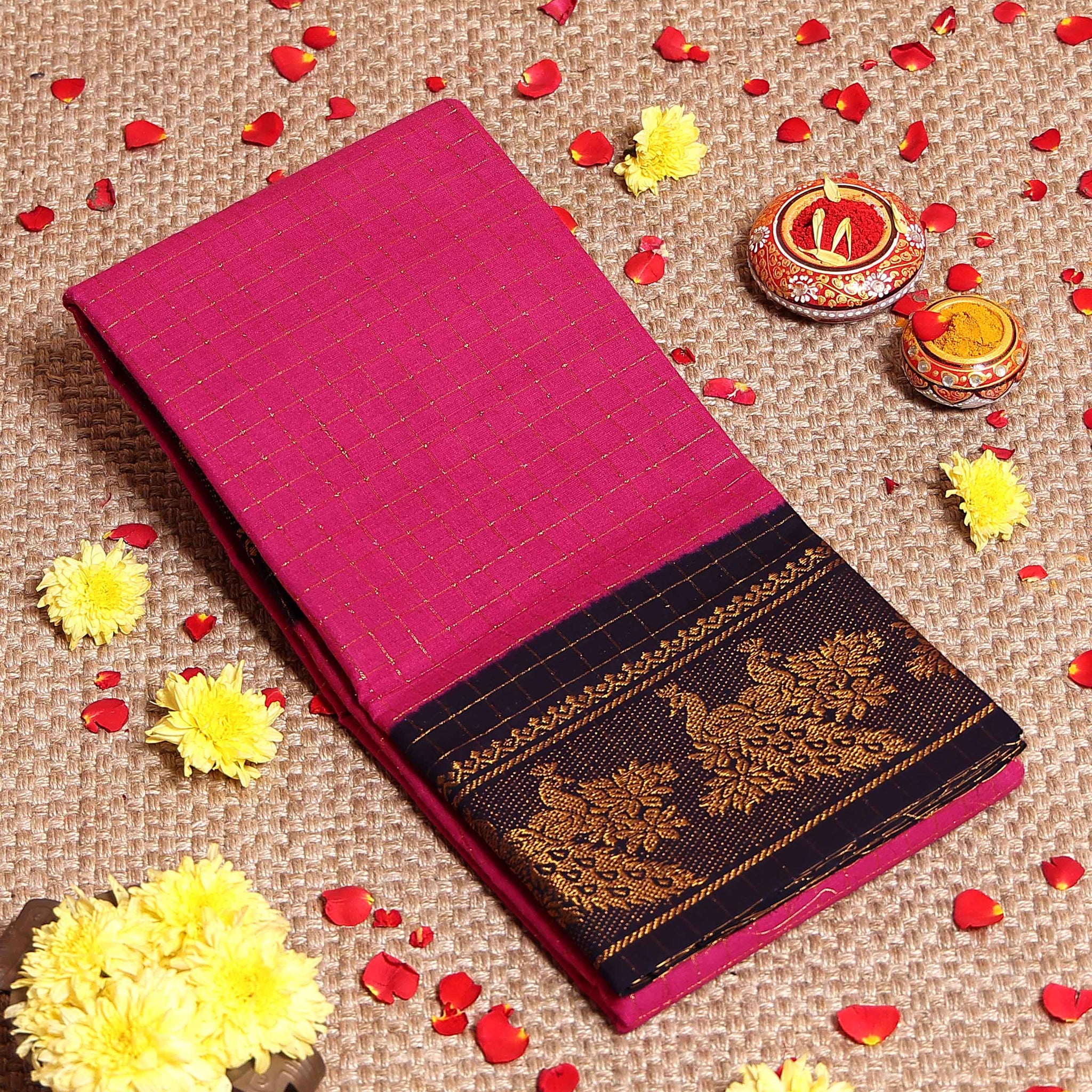 Elegant Sungudi Cotton Saree with Zari Checks and Traditional Peacock Motif Contrast Border - Purple